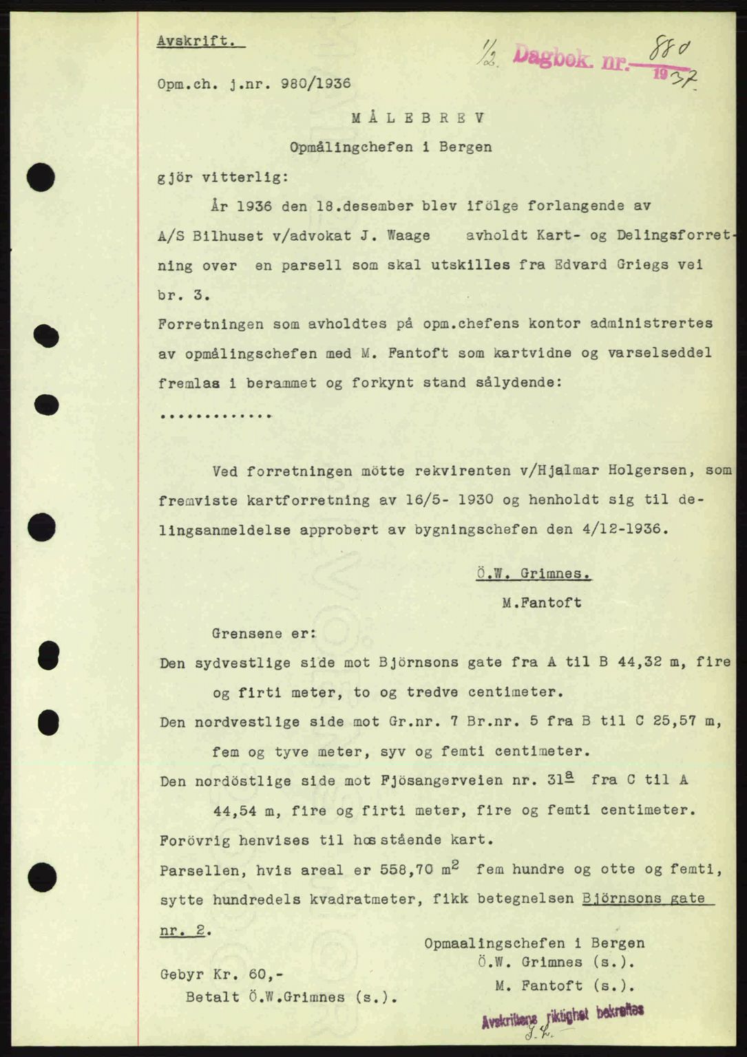 Byfogd og Byskriver i Bergen, SAB/A-3401/03/03Bc/L0004: Pantebok nr. A3-4, 1936-1937, Dagboknr: 880/1937