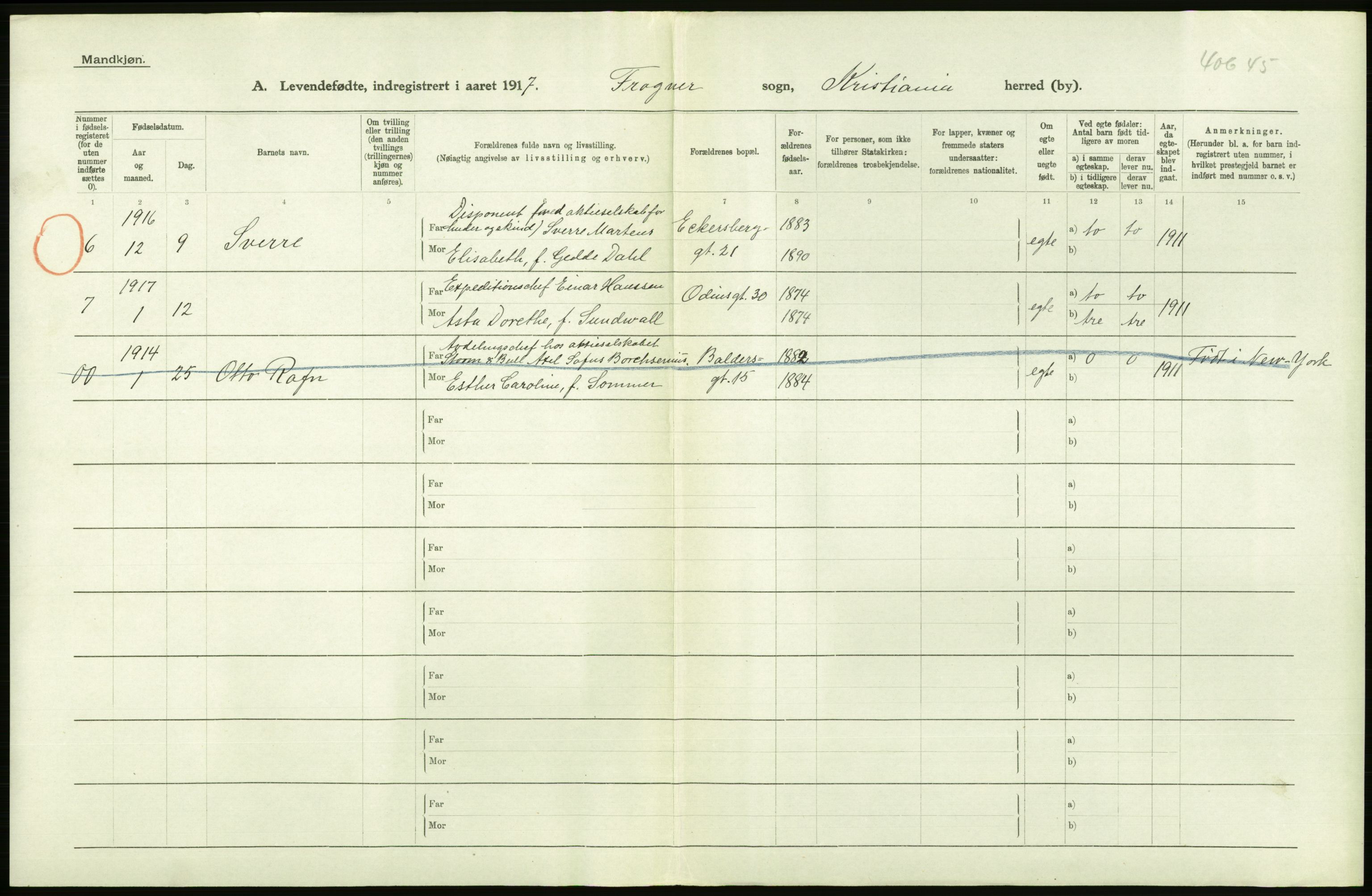 Statistisk sentralbyrå, Sosiodemografiske emner, Befolkning, AV/RA-S-2228/D/Df/Dfb/Dfbg/L0007: Kristiania: Levendefødte menn og kvinner., 1917, s. 224