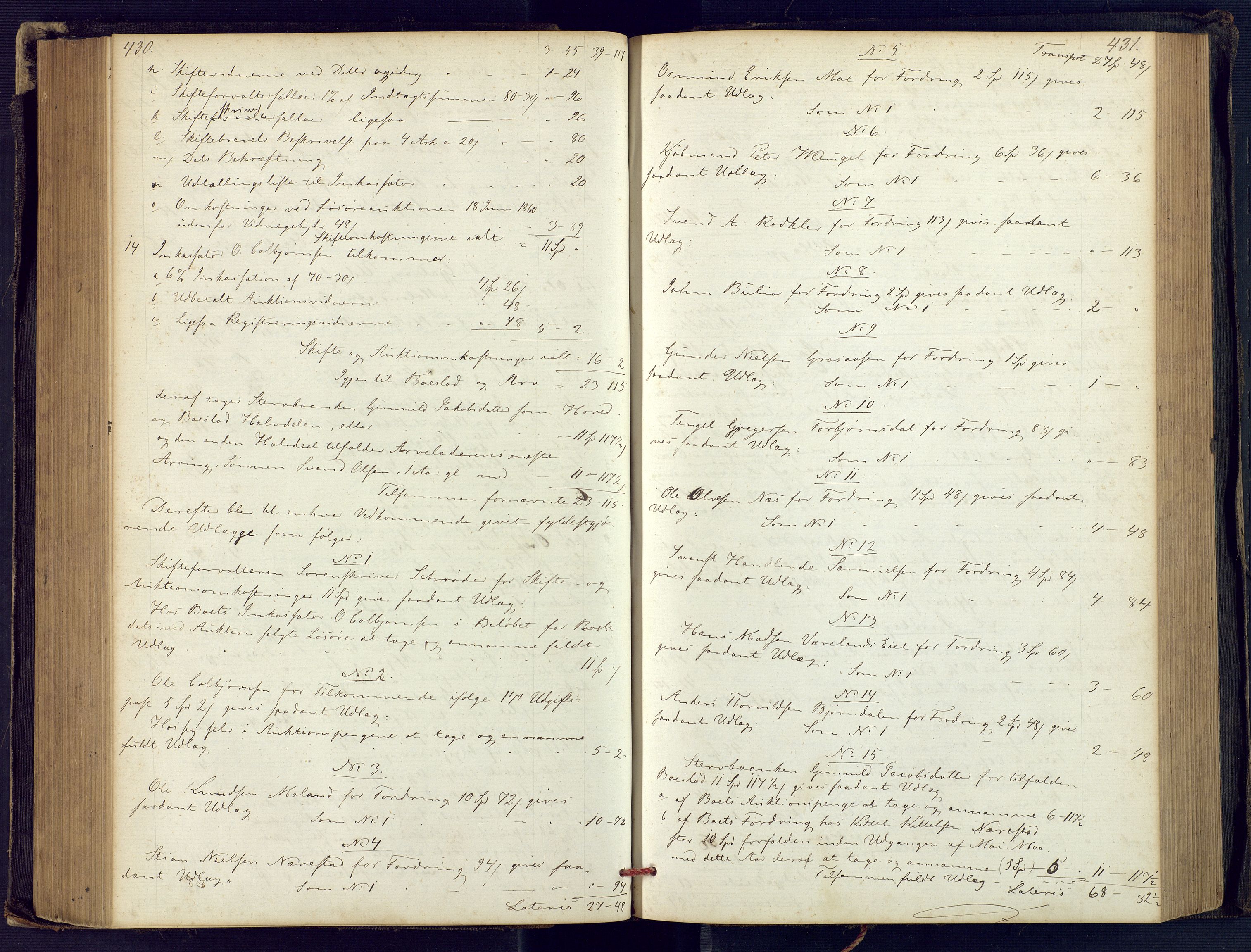Holt sorenskriveri, SAK/1221-0002/H/Hc/L0029: Skifteutlodningsprotokoll nr. 4 med løst register, 1857-1862, s. 430-431