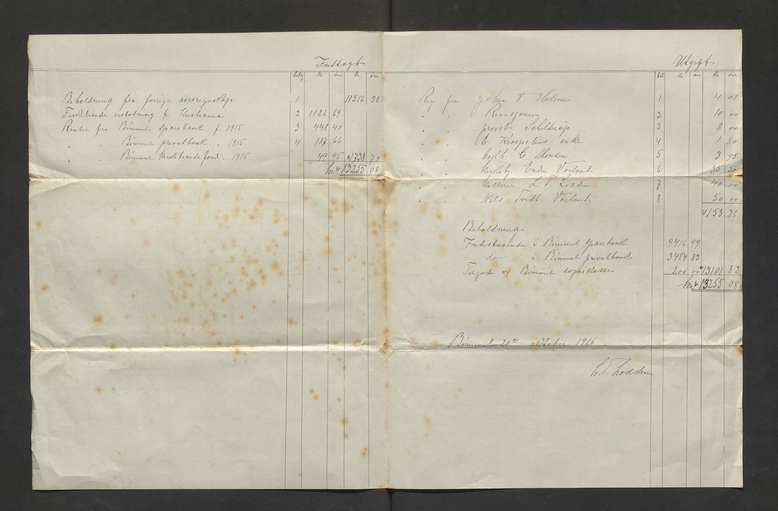 Bømlo kommune. Kyrkjekassen, IKAH/1219-121.2/R/Ra/Raa/L0001/0002: Årsrekneskap med bilag / Årsrekneskap med bilag, 1915-1916