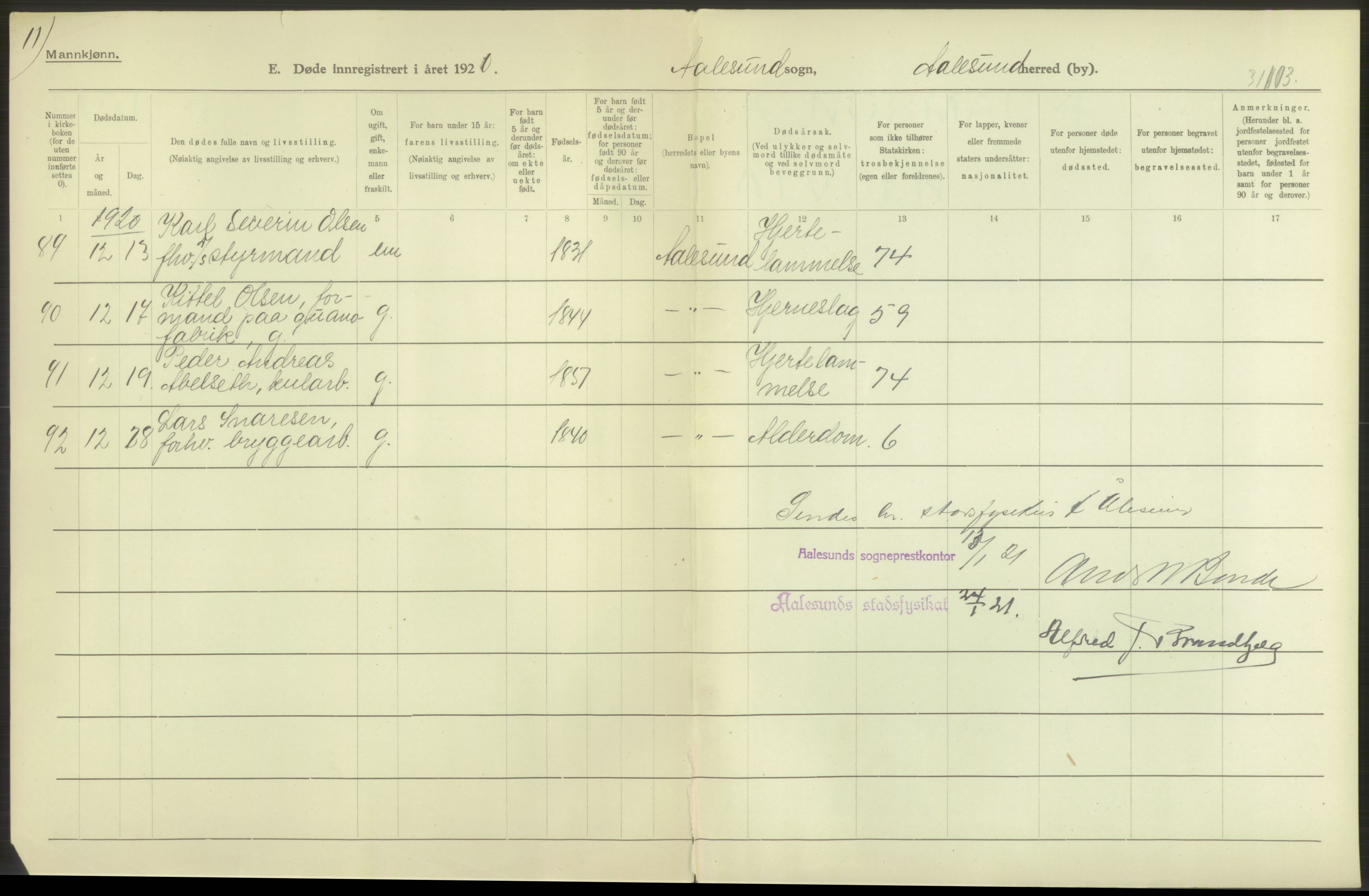 Statistisk sentralbyrå, Sosiodemografiske emner, Befolkning, AV/RA-S-2228/D/Df/Dfb/Dfbj/L0048: Møre fylke: Døde. Bygder og byer., 1920