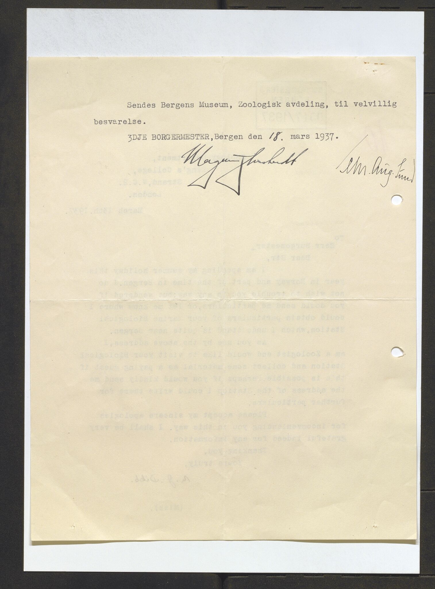 Bergens Museum, AV/SAB-A-17301/13/D/L0002: Korrespondanse , 1928-1940, s. 416