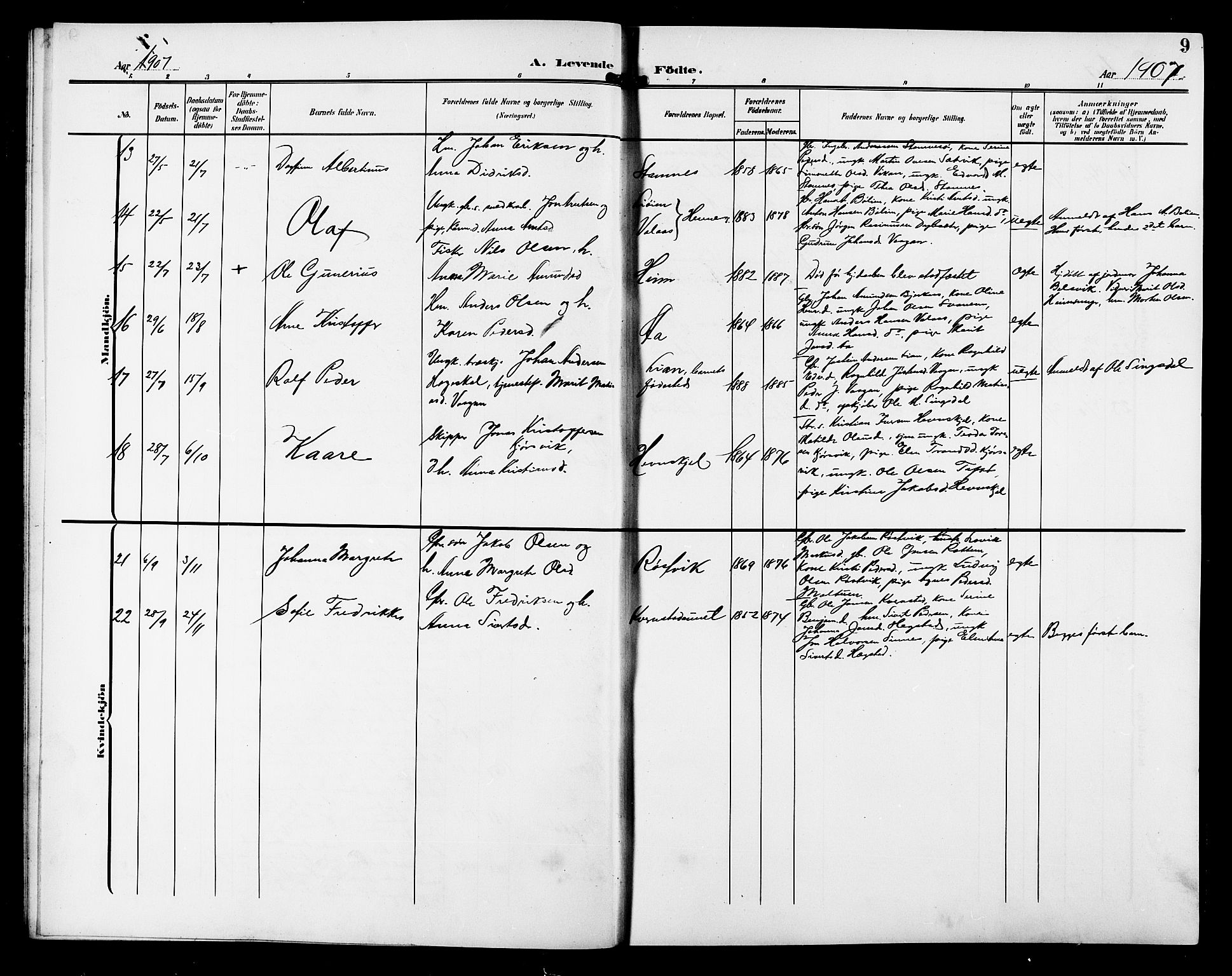 Ministerialprotokoller, klokkerbøker og fødselsregistre - Sør-Trøndelag, AV/SAT-A-1456/633/L0520: Klokkerbok nr. 633C02, 1906-1921, s. 9