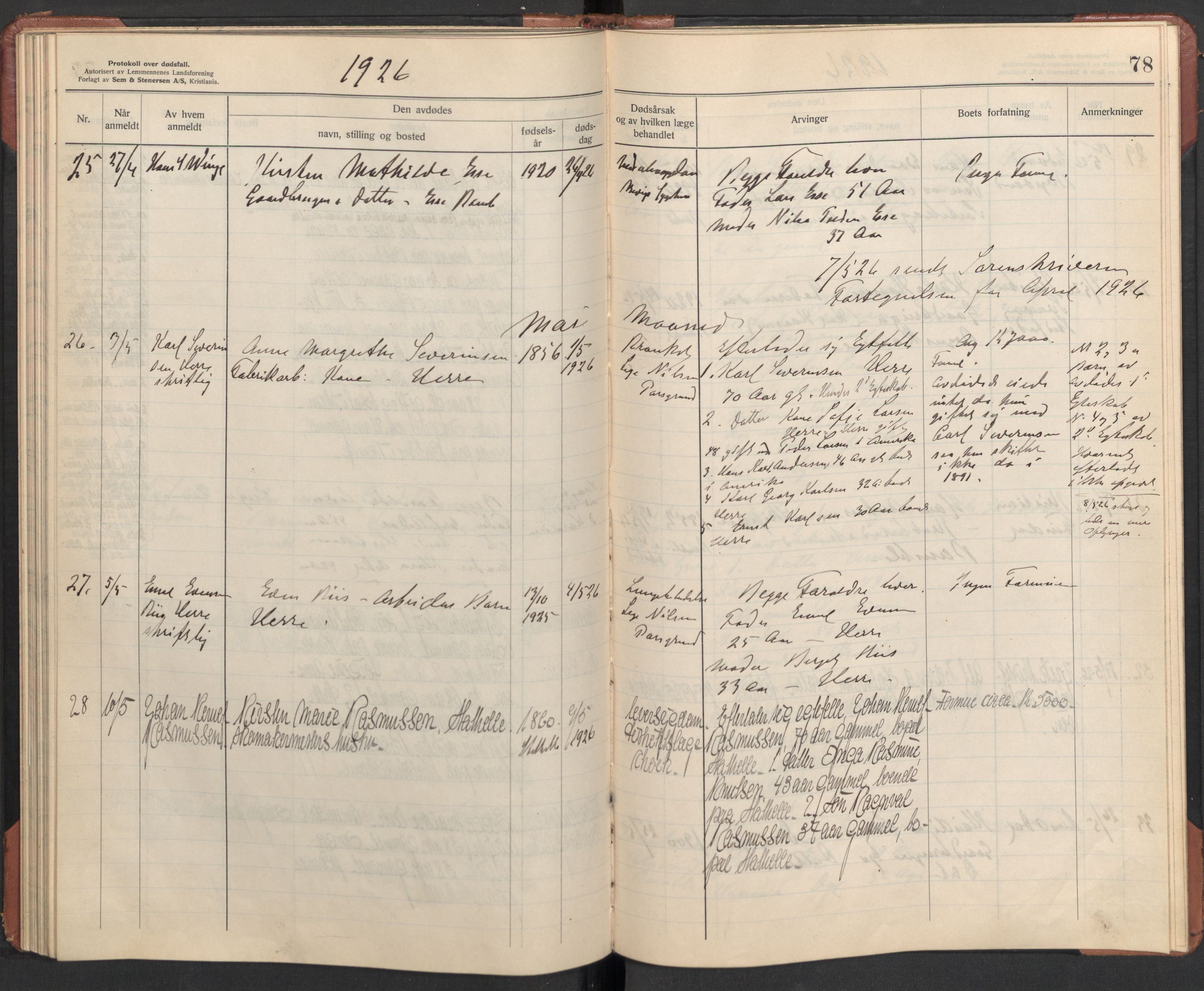 Bamble lensmannskontor, AV/SAKO-A-552/H/Ha/Haa/L0004: Dødsfallsprotokoll, 1923-1926, s. 78