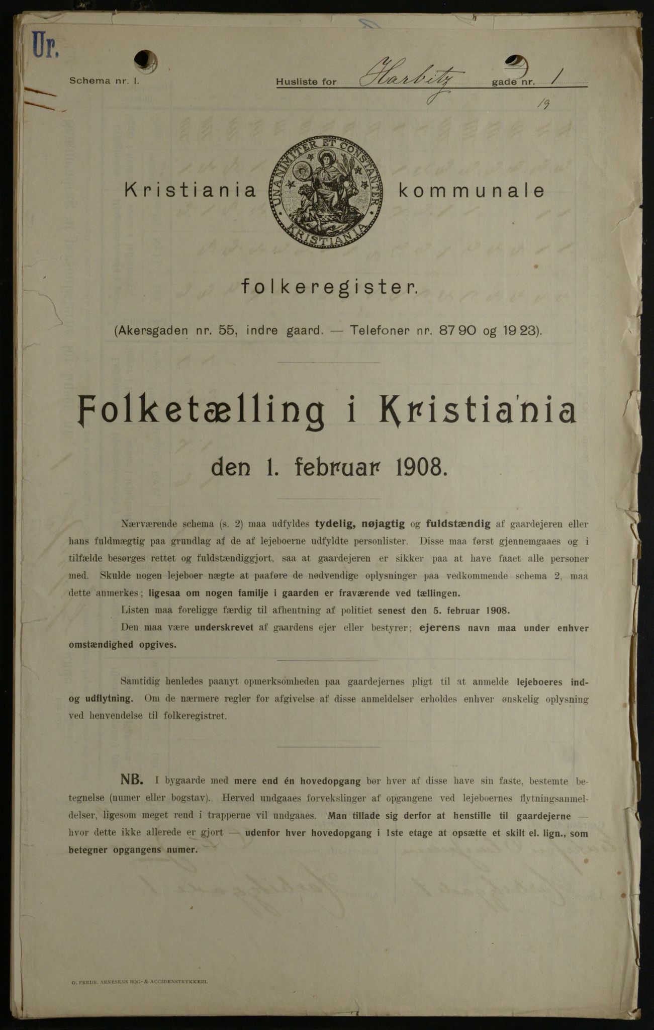 OBA, Kommunal folketelling 1.2.1908 for Kristiania kjøpstad, 1908, s. 72585