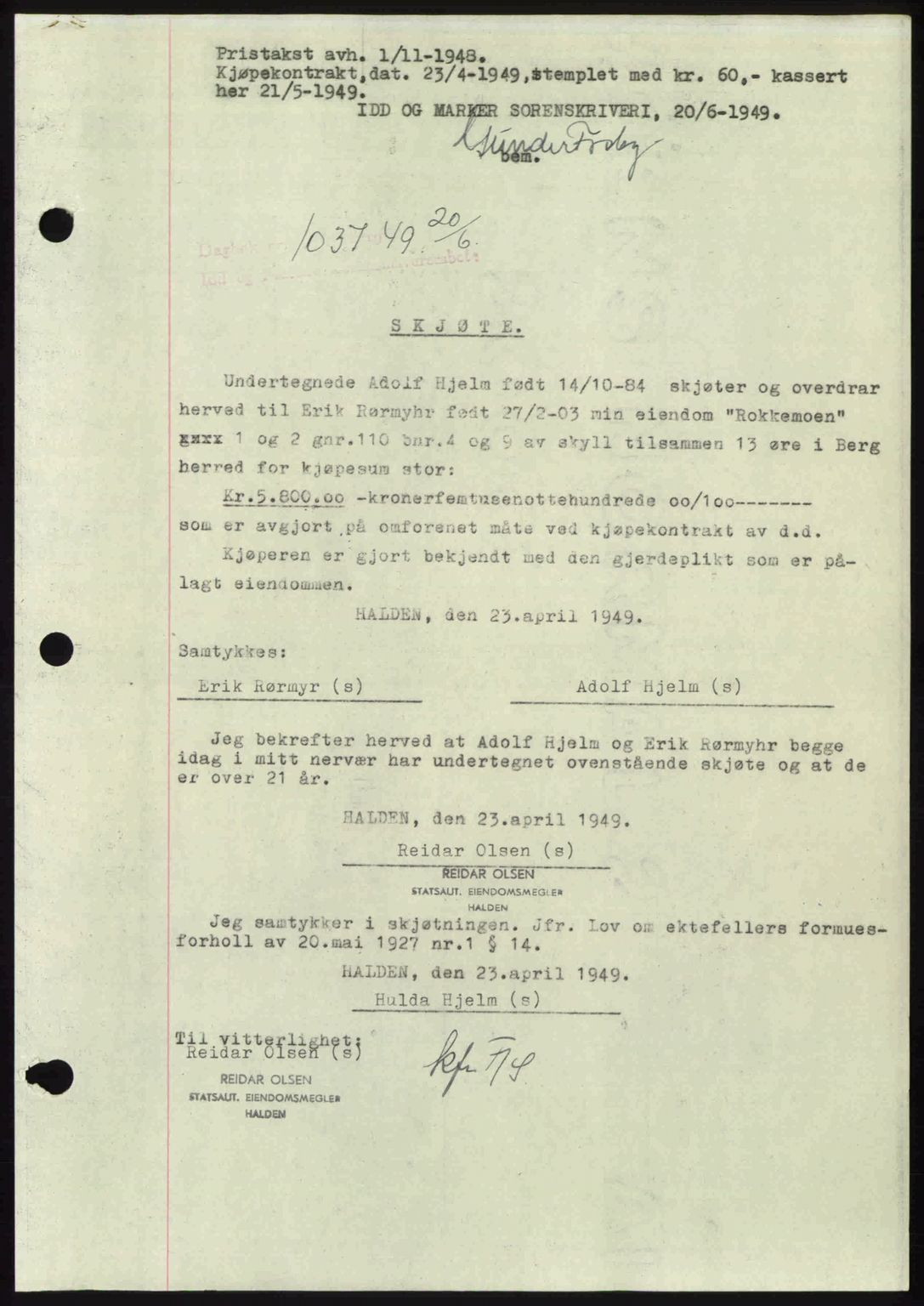 Idd og Marker sorenskriveri, SAO/A-10283/G/Gb/Gbb/L0012: Pantebok nr. A12, 1949-1949, Dagboknr: 1037/1949