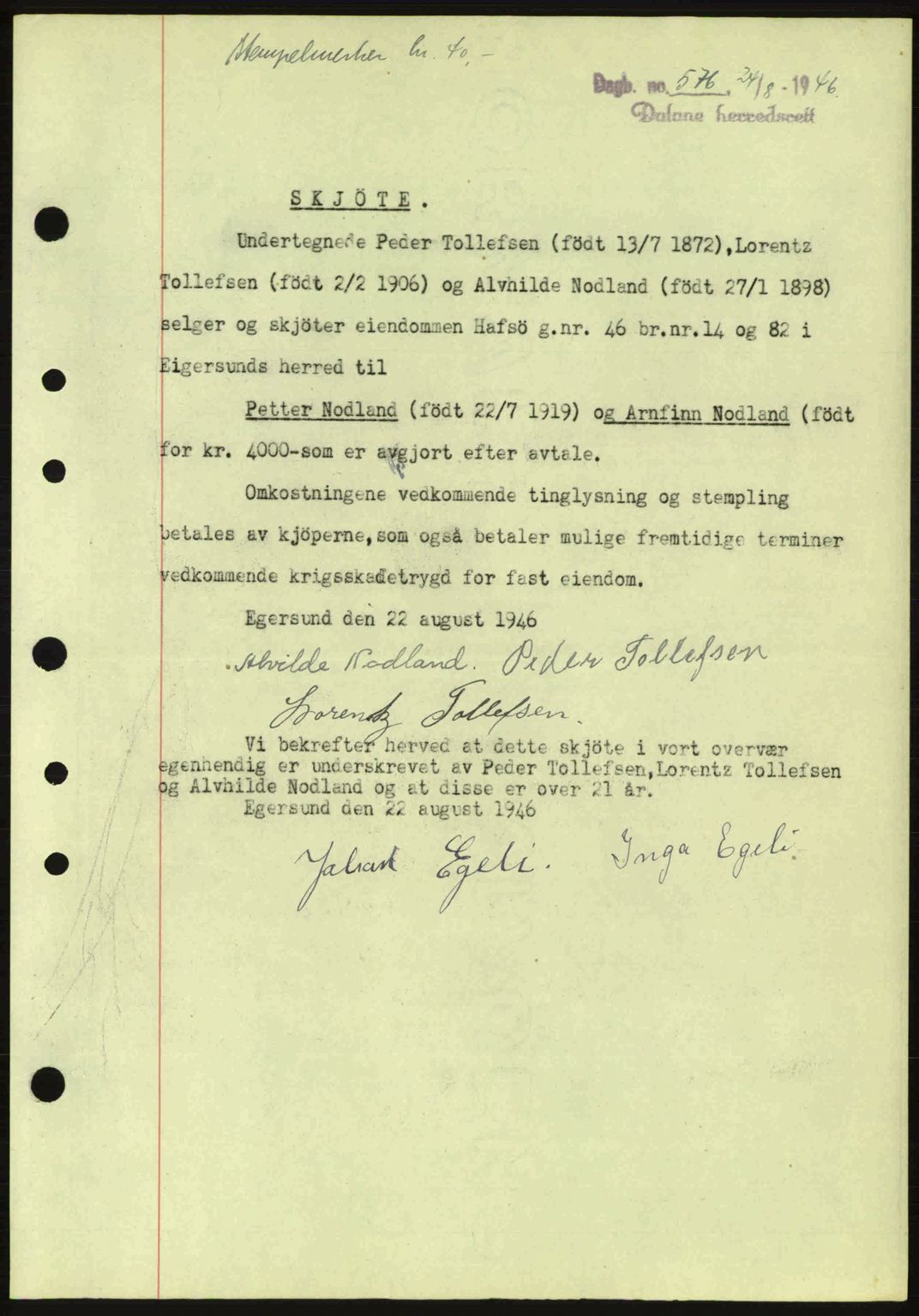 Dalane sorenskriveri, SAST/A-100309/02/G/Gb/L0049: Pantebok nr. A9, 1946-1947, Dagboknr: 576/1946