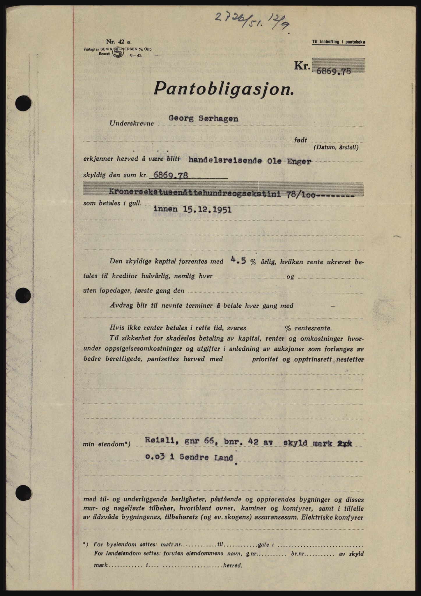 Hadeland og Land tingrett, SAH/TING-010/H/Hb/Hbc/L0022: Pantebok nr. B22, 1951-1951, Dagboknr: 2726/1951