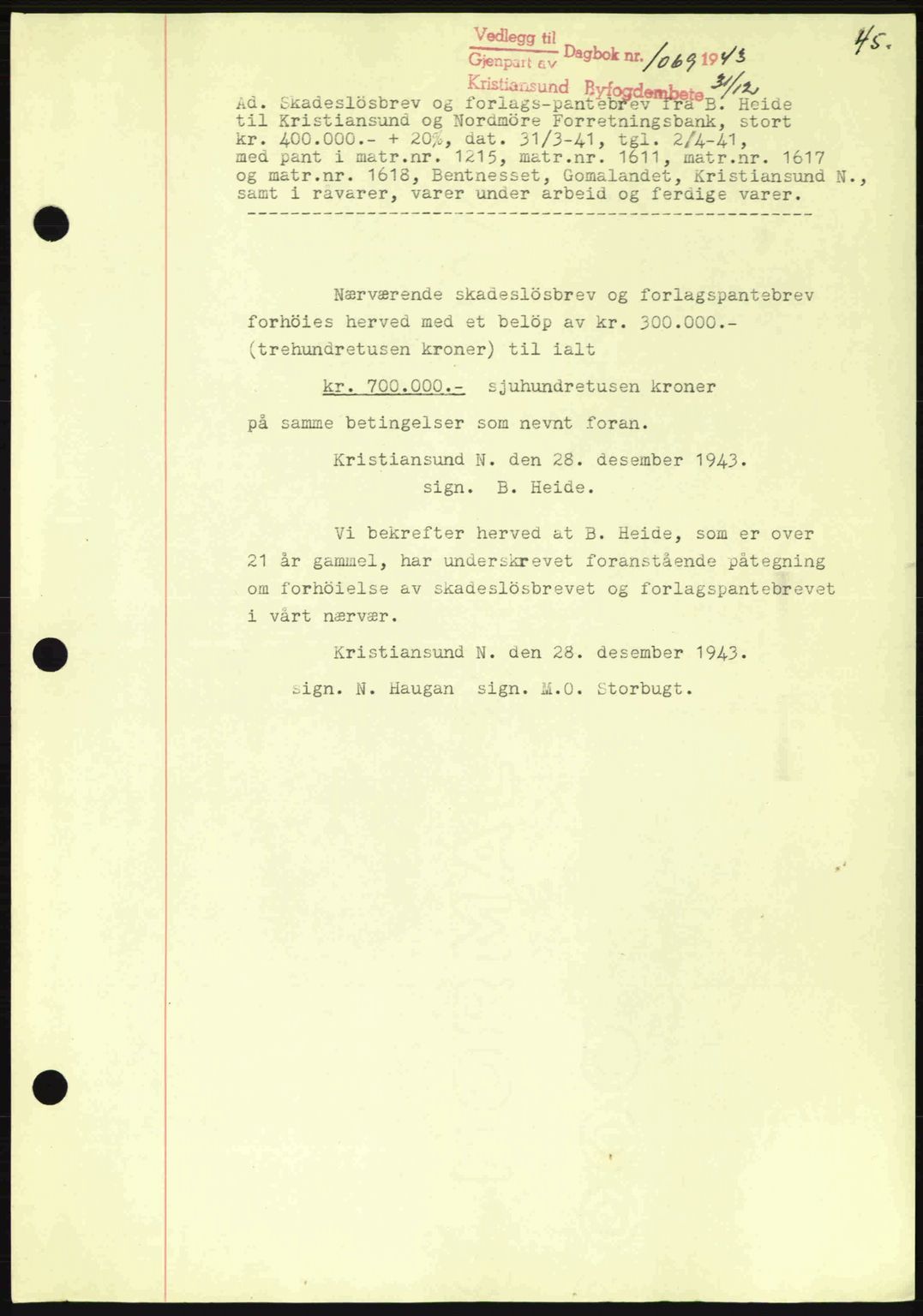 Kristiansund byfogd, AV/SAT-A-4587/A/27: Pantebok nr. 37-38, 1943-1945, Dagboknr: 1069/1943