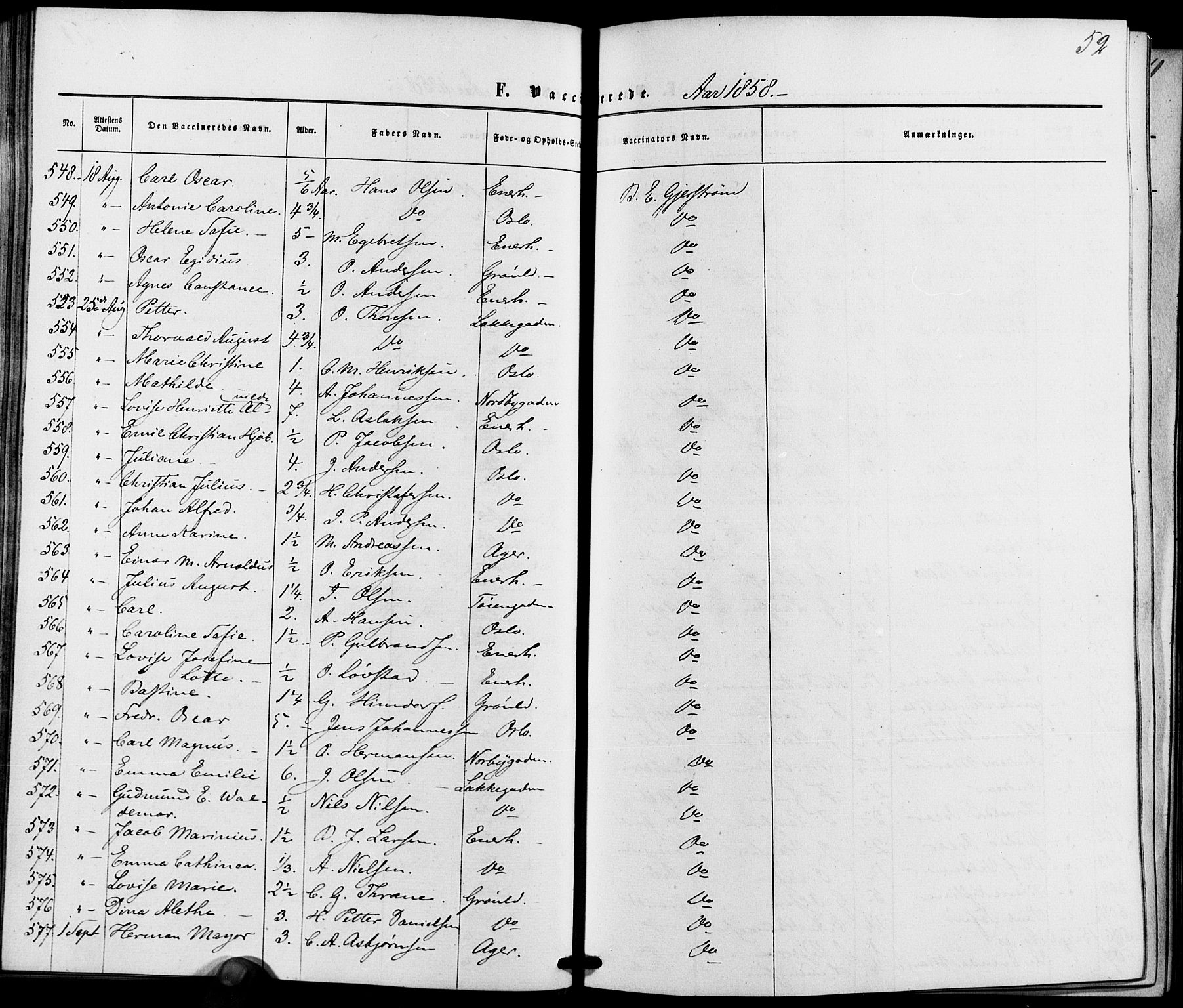 Vestre Aker prestekontor Kirkebøker, AV/SAO-A-10025/K/Ka/L0001: Vaksinasjonsprotokoll nr. 1, 1857-1867, s. 52