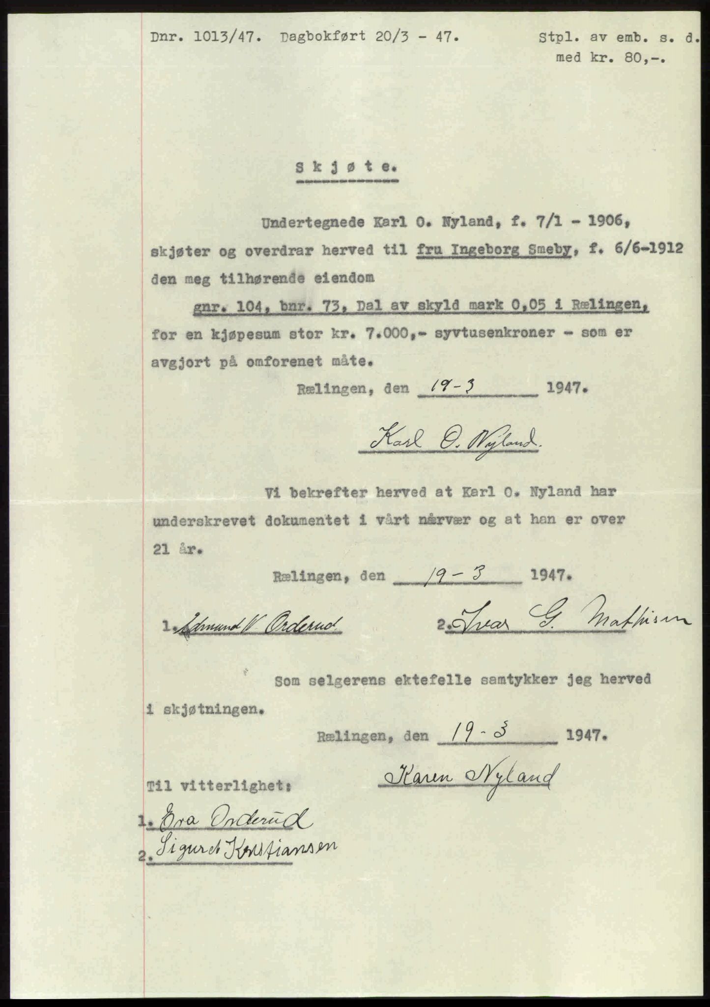 Nedre Romerike sorenskriveri, AV/SAO-A-10469/G/Gb/Gbd/L0018: Pantebok nr. 18, 1947-1947, Dagboknr: 1013/1947