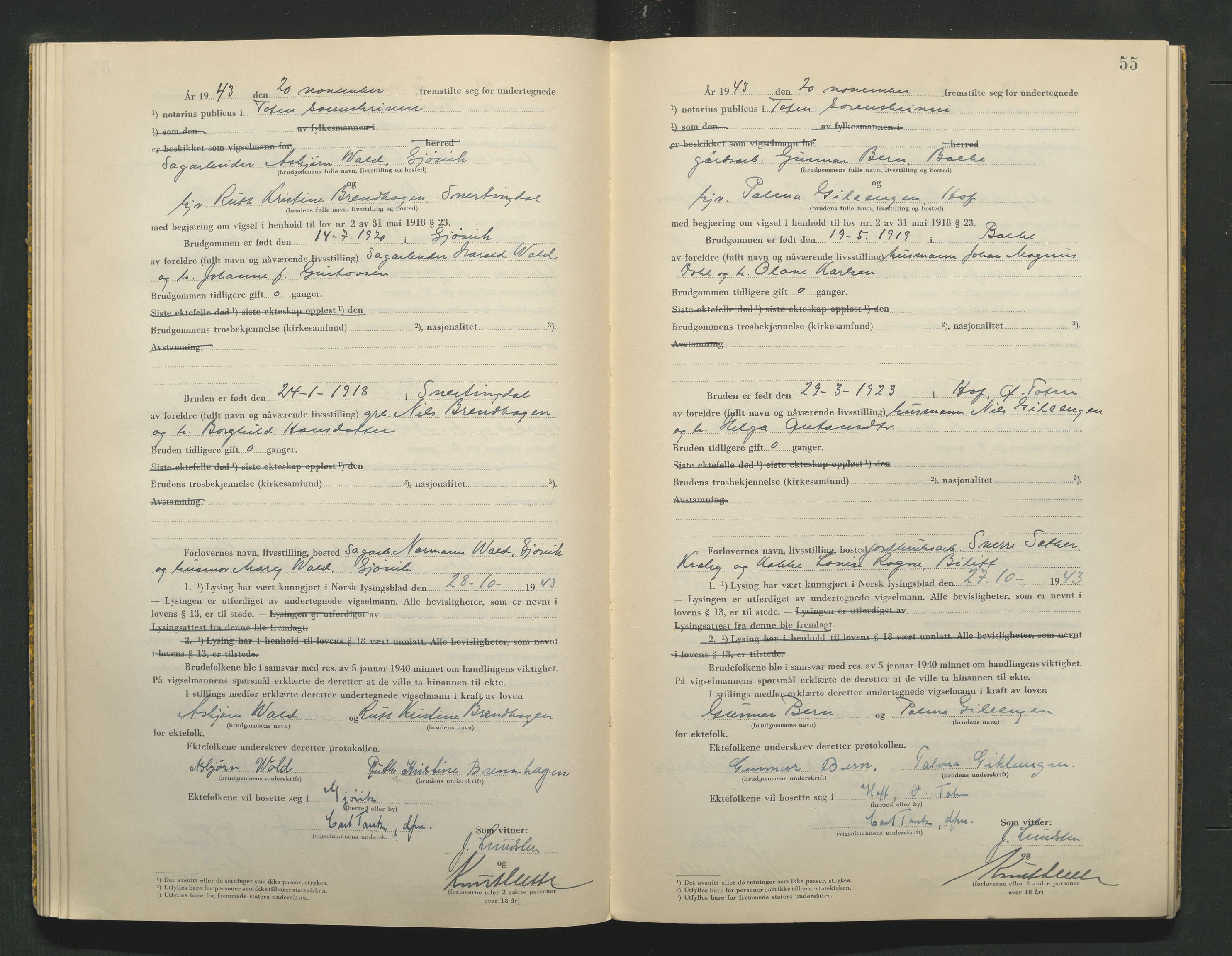 Toten tingrett, AV/SAH-TING-006/L/Lc/L0003: Vigselbok, 1943-1944, s. 55