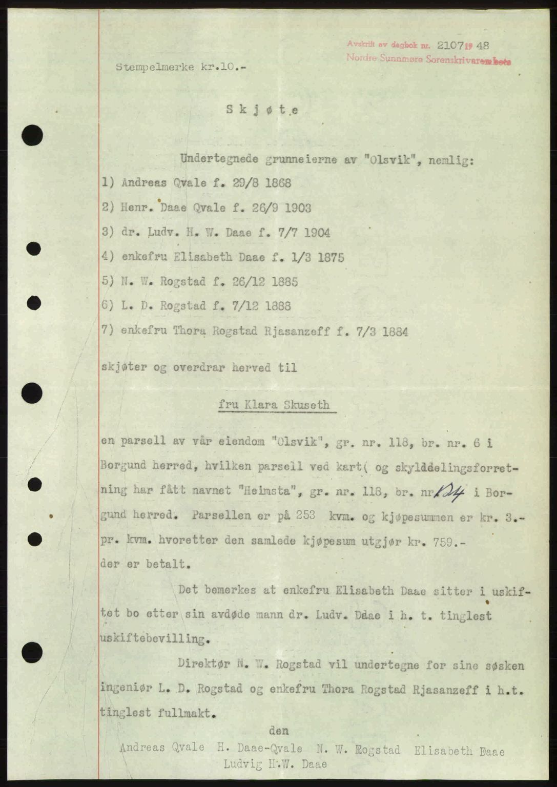 Nordre Sunnmøre sorenskriveri, SAT/A-0006/1/2/2C/2Ca: Pantebok nr. A29, 1948-1949, Dagboknr: 2107/1948