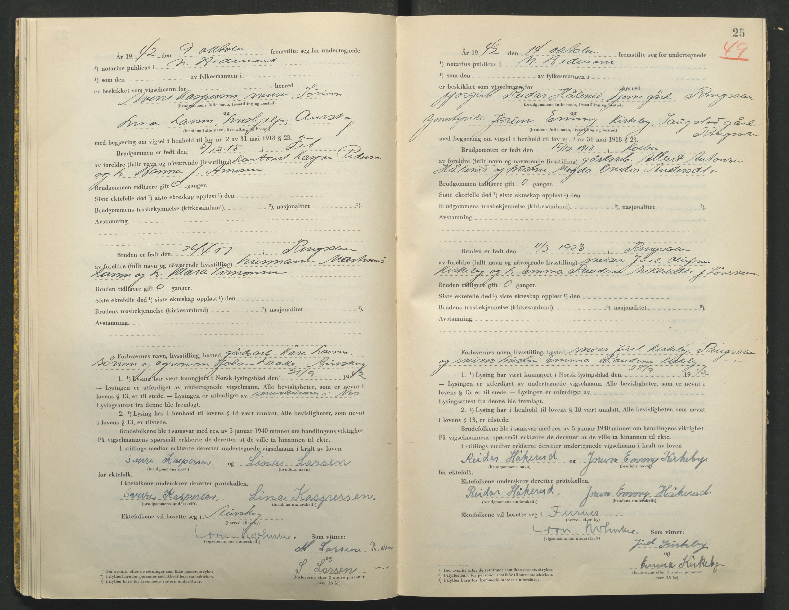 Nord-Hedmark sorenskriveri, AV/SAH-TING-012/L/Lc/L0001/0002: Vigselsprotokoller / Vigselsprotokoll, 1942-1943, s. 25