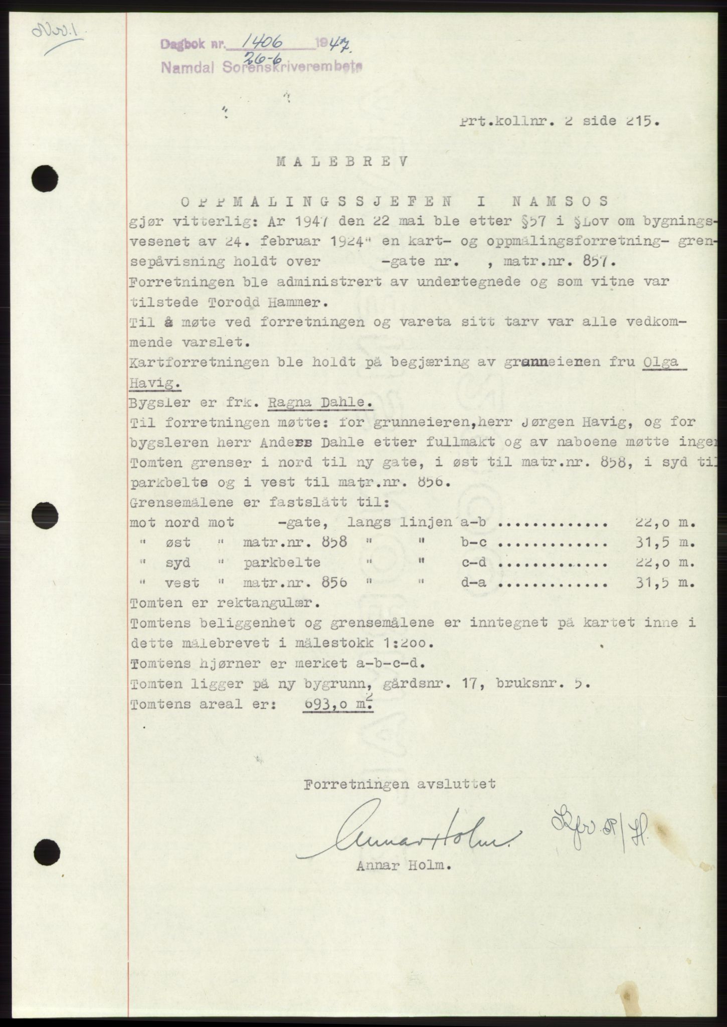Namdal sorenskriveri, SAT/A-4133/1/2/2C: Pantebok nr. -, 1947-1947, Dagboknr: 1406/1947