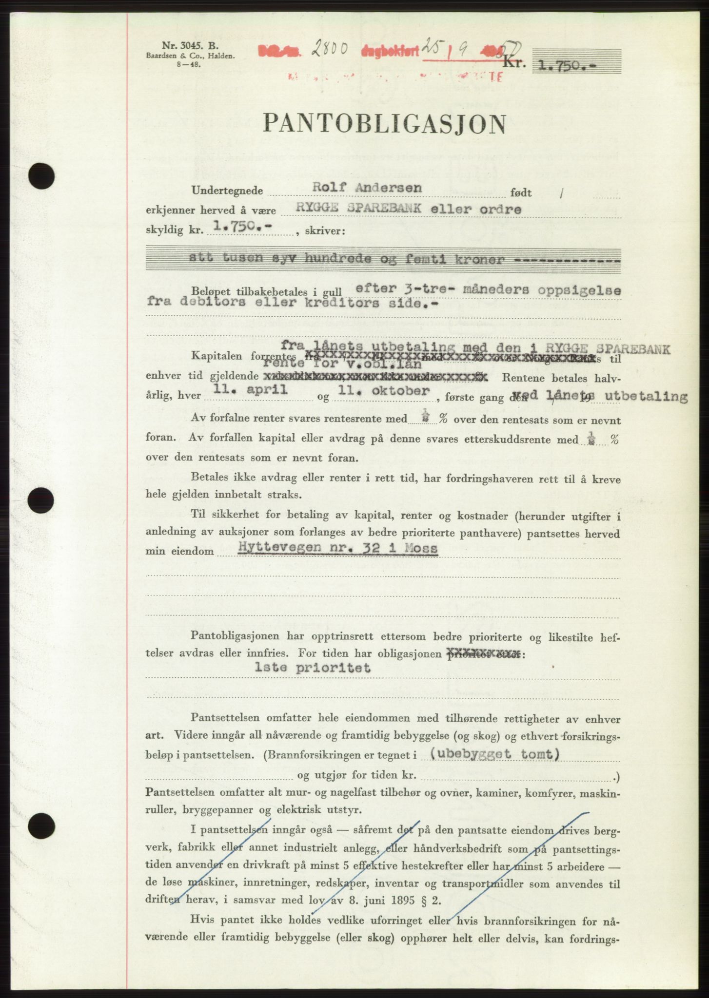 Moss sorenskriveri, SAO/A-10168: Pantebok nr. B25, 1950-1950, Dagboknr: 2800/1950