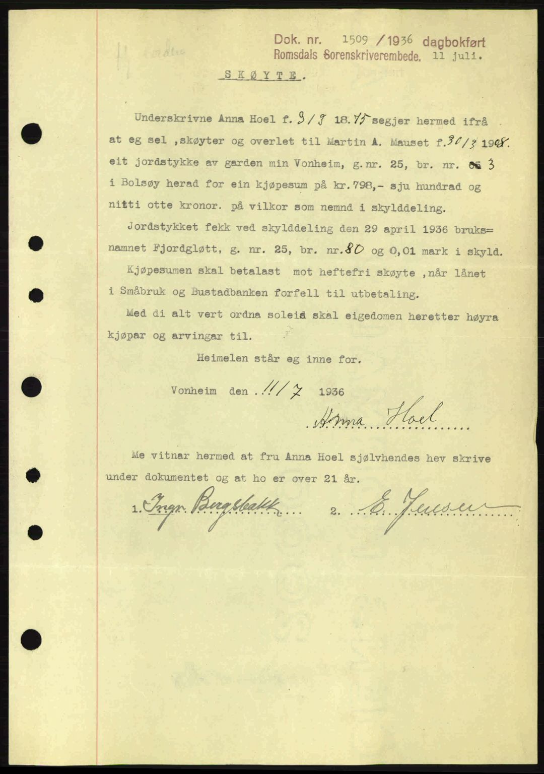 Romsdal sorenskriveri, SAT/A-4149/1/2/2C: Pantebok nr. A1, 1936-1936, Dagboknr: 1509/1936