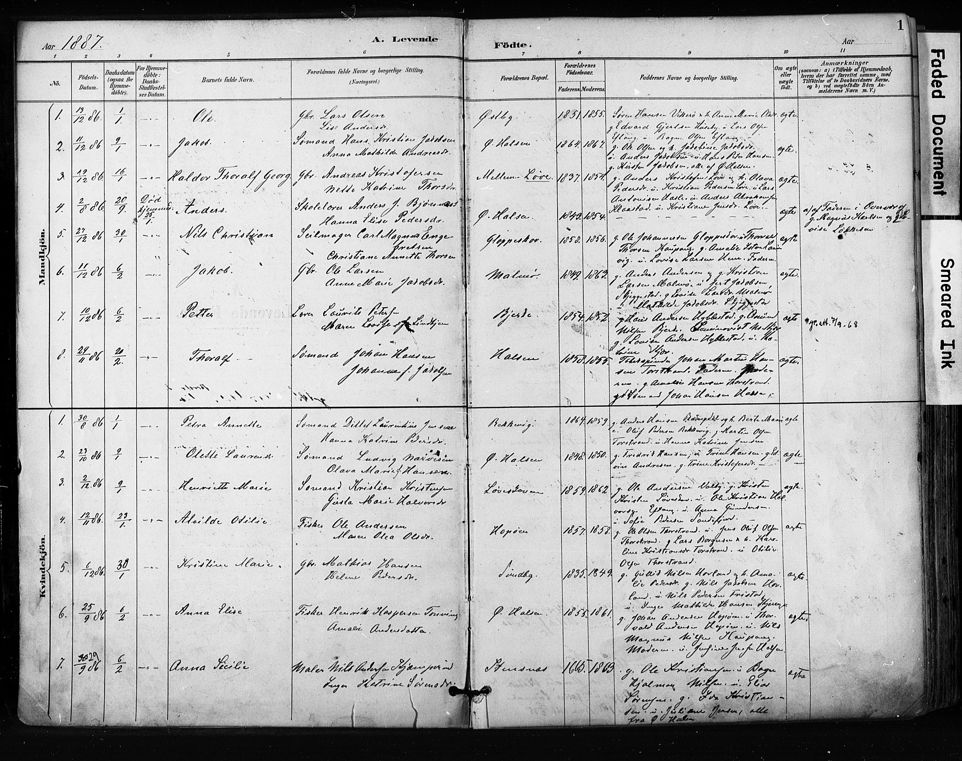 Tjølling kirkebøker, AV/SAKO-A-60/F/Fa/L0009: Ministerialbok nr. 9, 1887-1905, s. 1