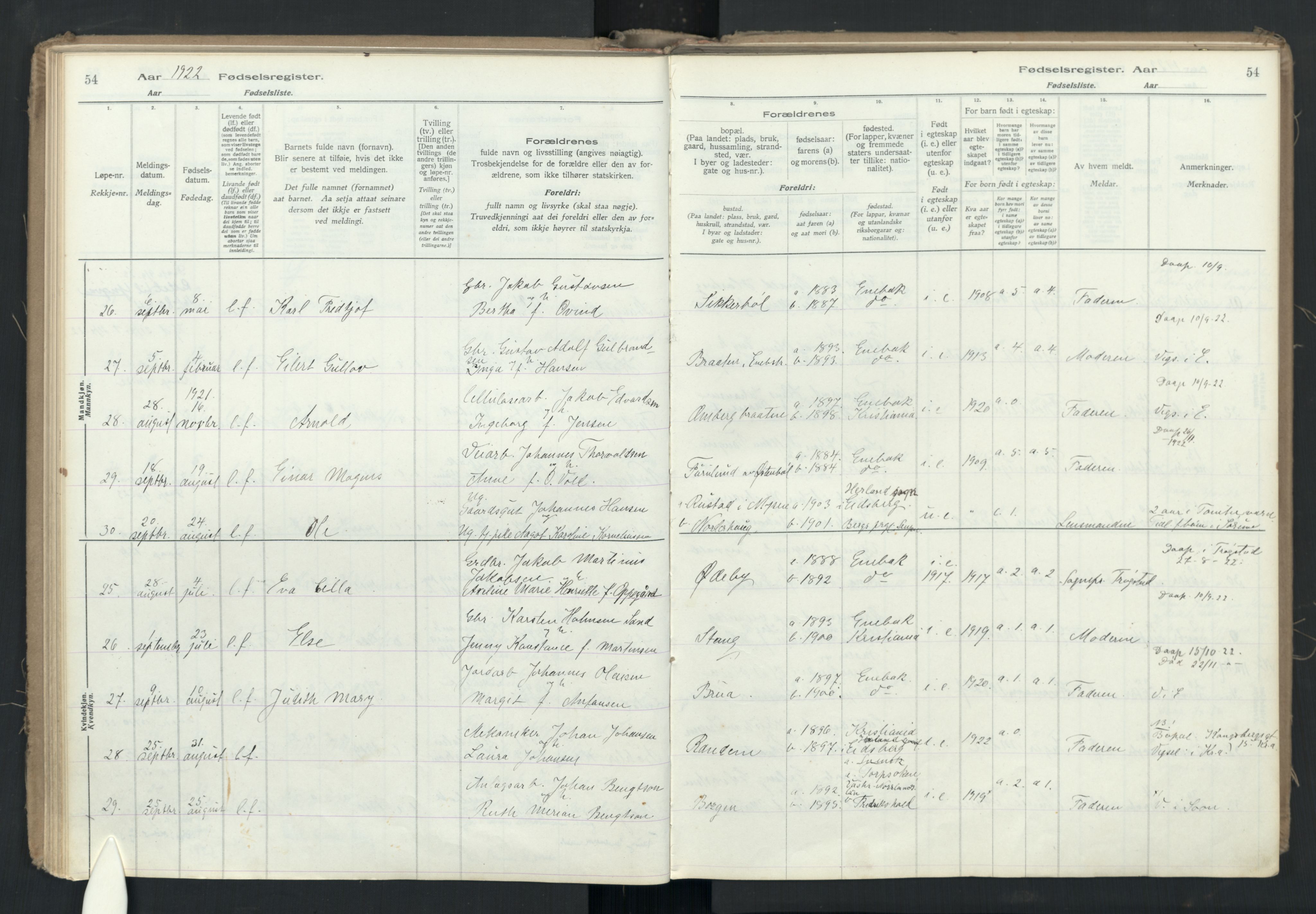 Enebakk prestekontor Kirkebøker, AV/SAO-A-10171c/J/Ja/L0001: Fødselsregister nr. I 1, 1916-1948, s. 54