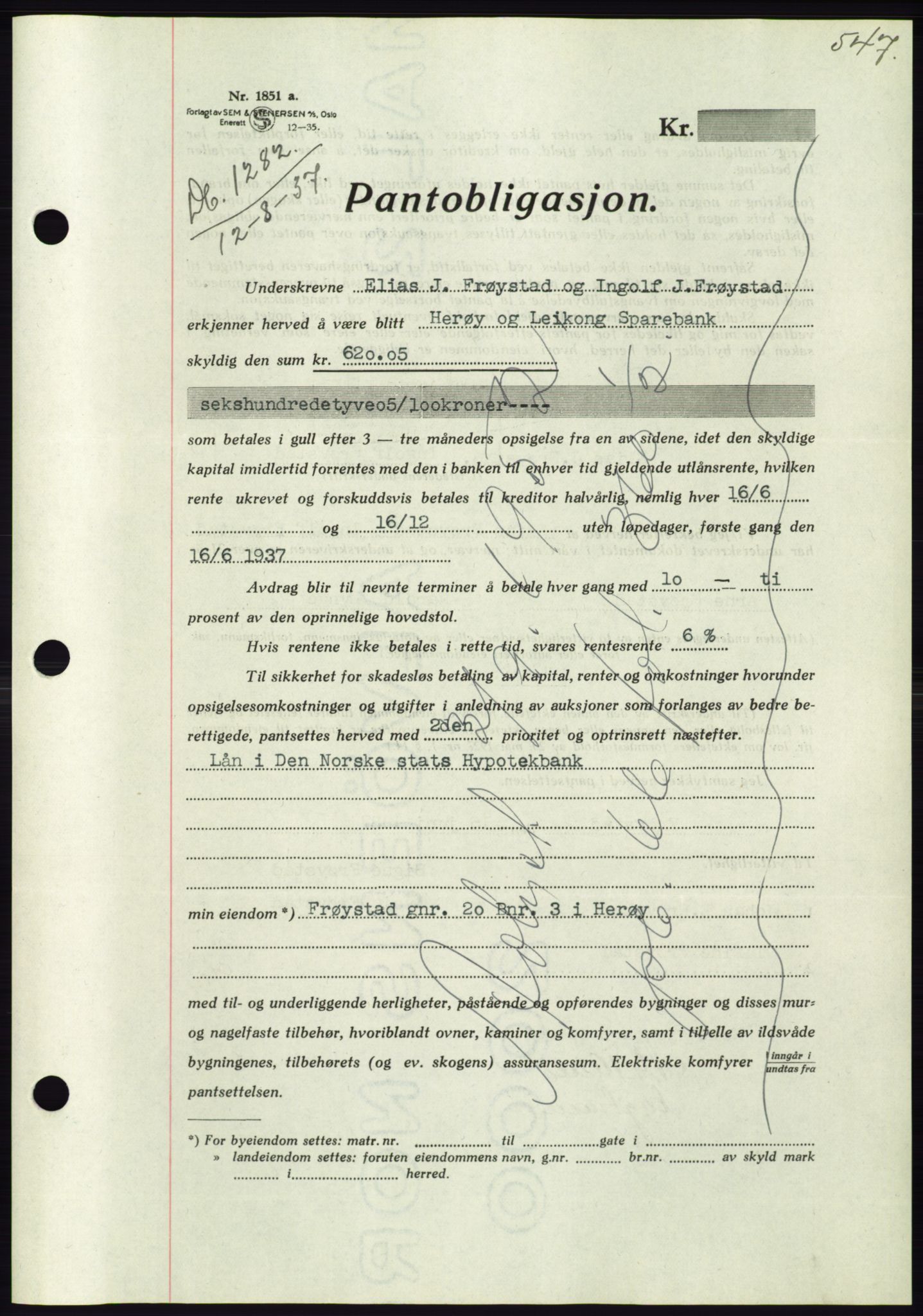 Søre Sunnmøre sorenskriveri, AV/SAT-A-4122/1/2/2C/L0063: Pantebok nr. 57, 1937-1937, Dagboknr: 1282/1937