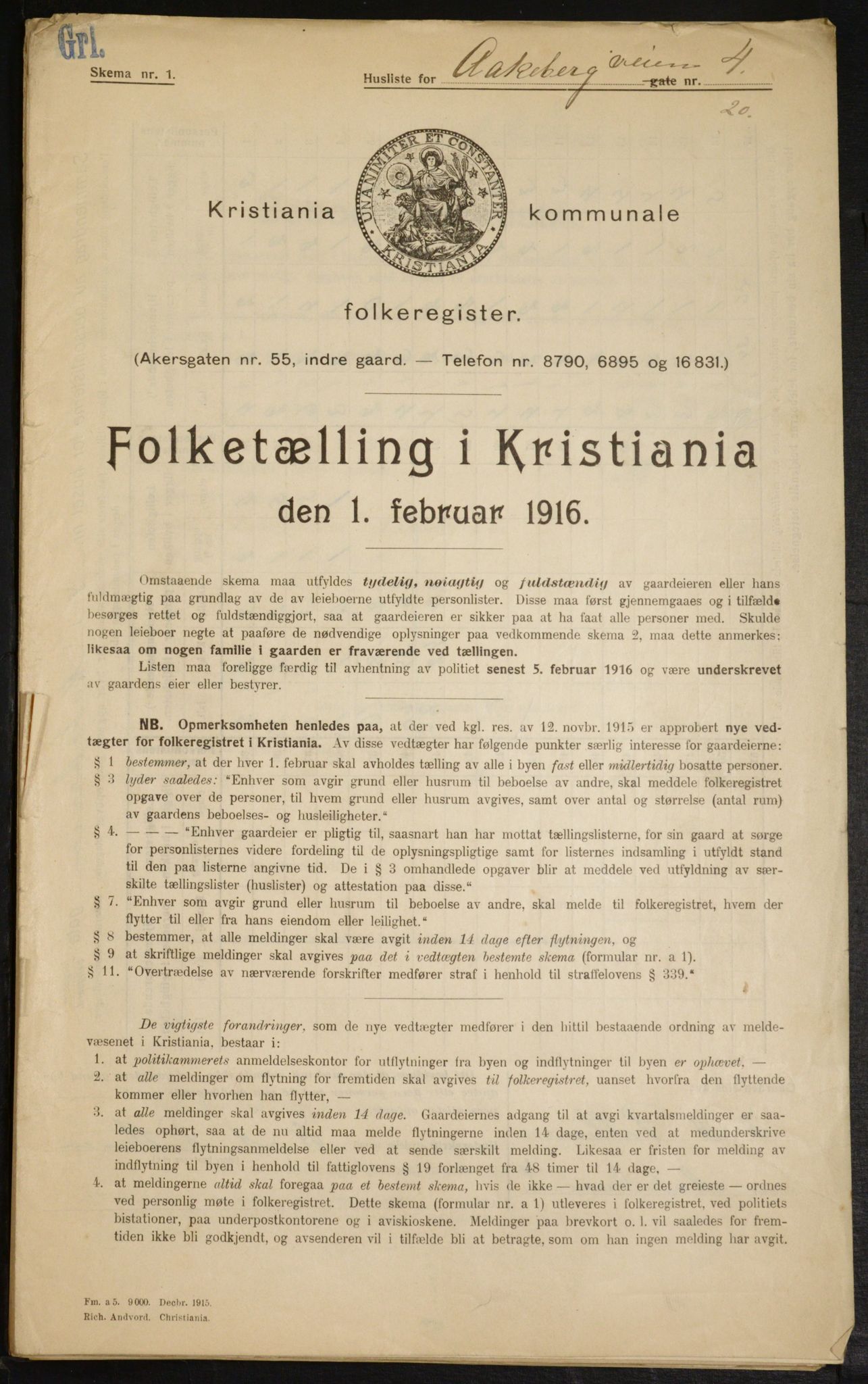 OBA, Kommunal folketelling 1.2.1916 for Kristiania, 1916, s. 133991