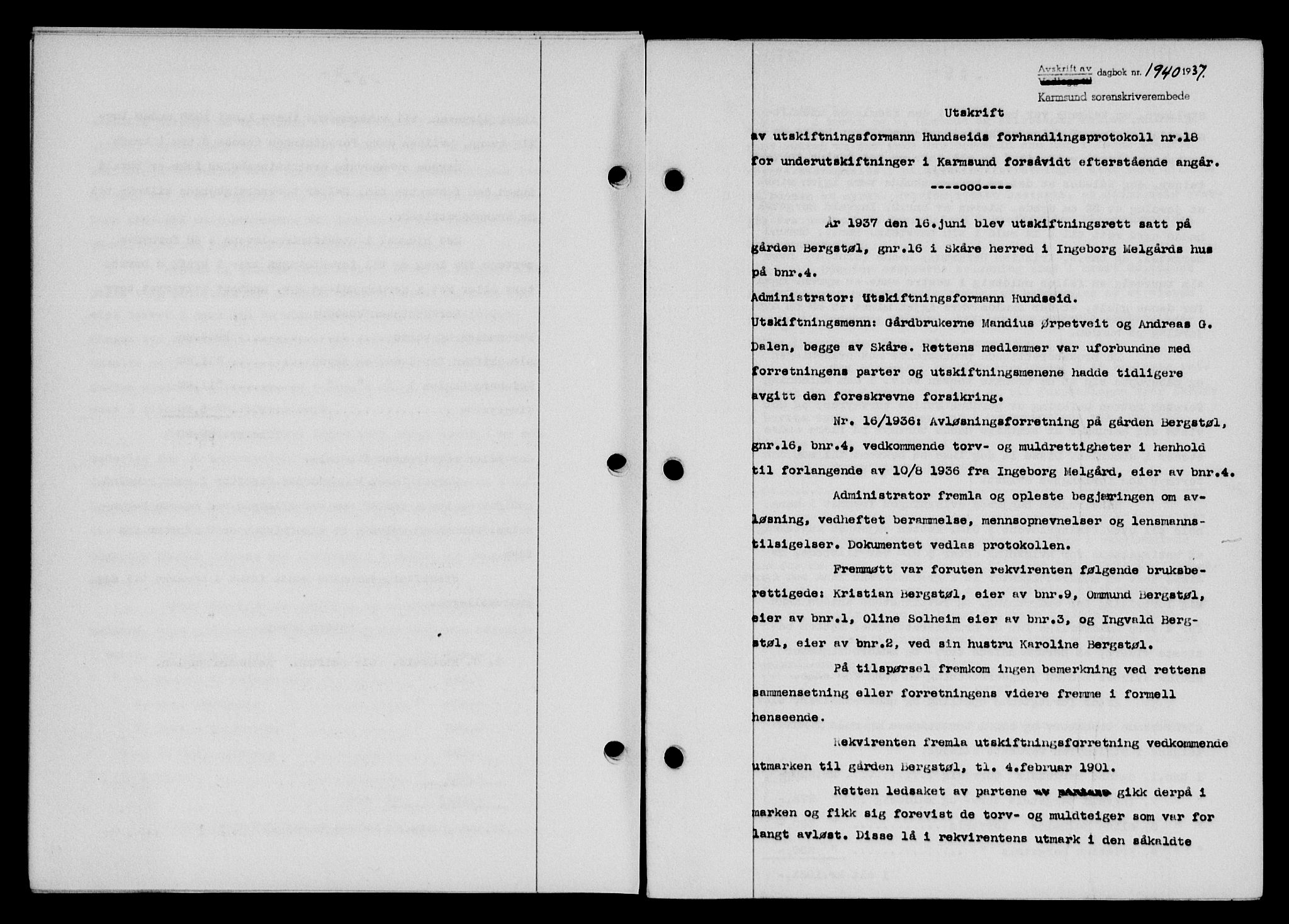 Karmsund sorenskriveri, SAST/A-100311/01/II/IIB/L0068: Pantebok nr. 49A, 1937-1937, Dagboknr: 1940/1937