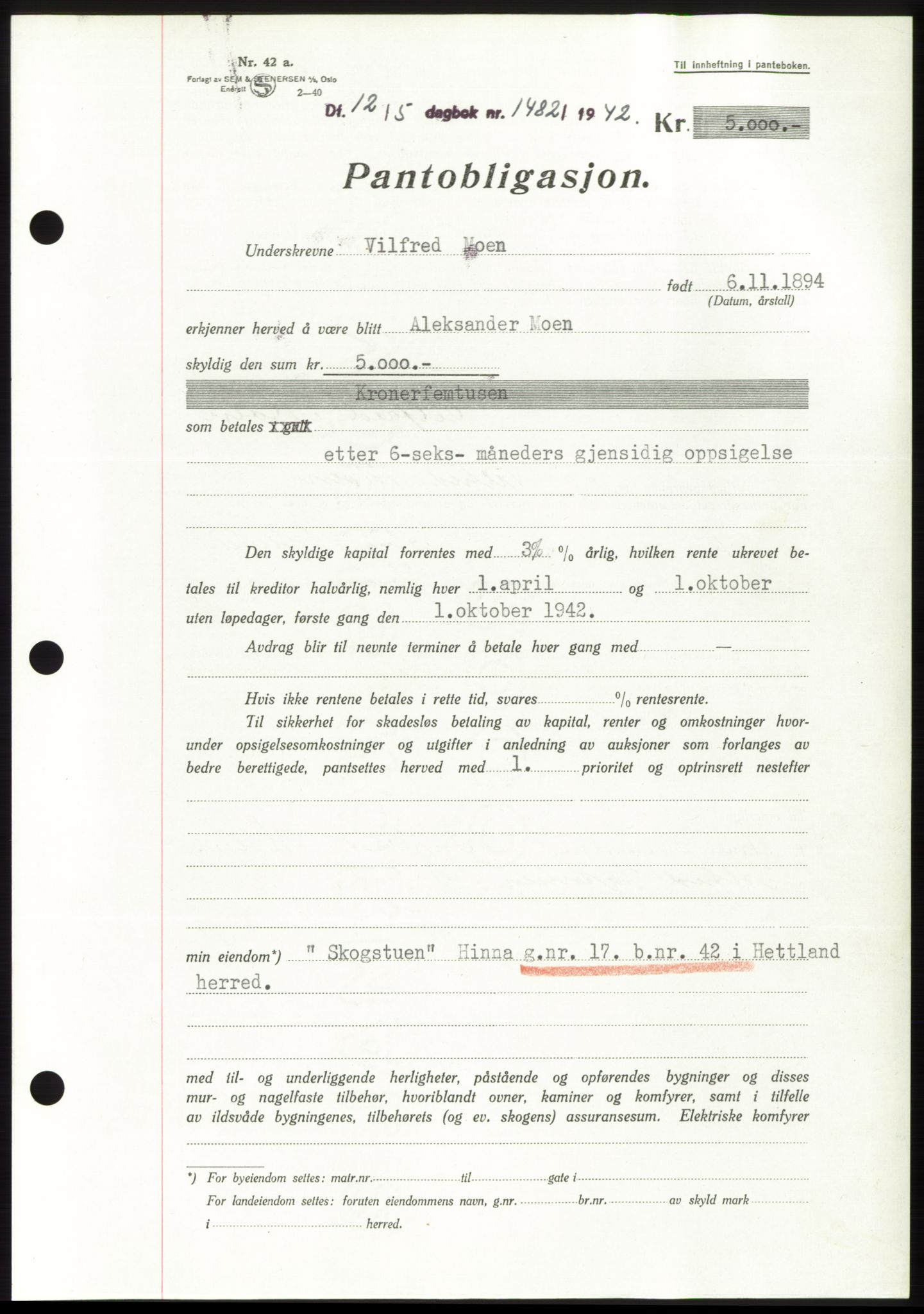 Jæren sorenskriveri, SAST/A-100310/03/G/Gba/L0082: Pantebok, 1942-1942, Dagboknr: 1482/1942