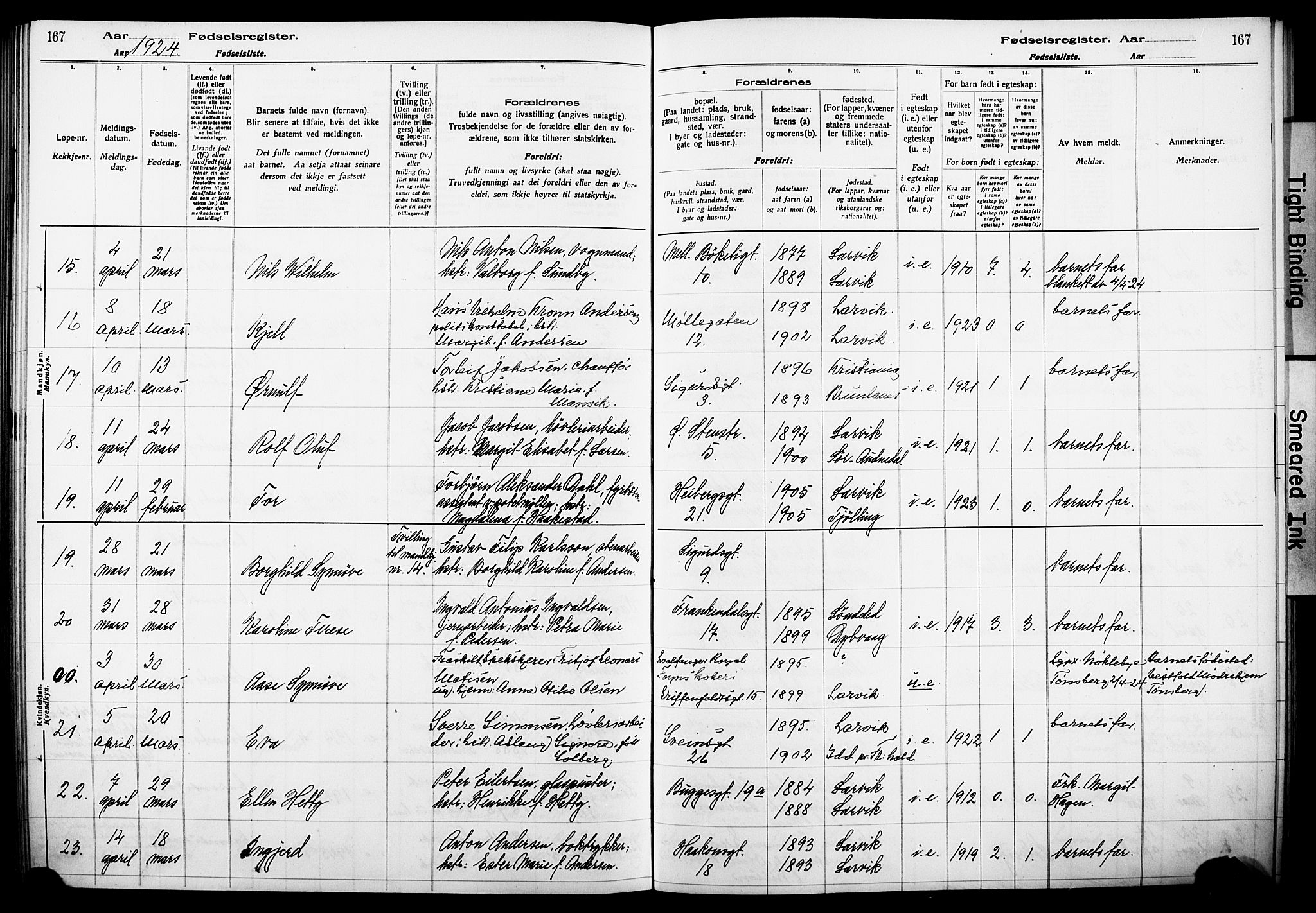 Larvik kirkebøker, AV/SAKO-A-352/J/Ja/L0001: Fødselsregister nr. I 1, 1916-1926, s. 167
