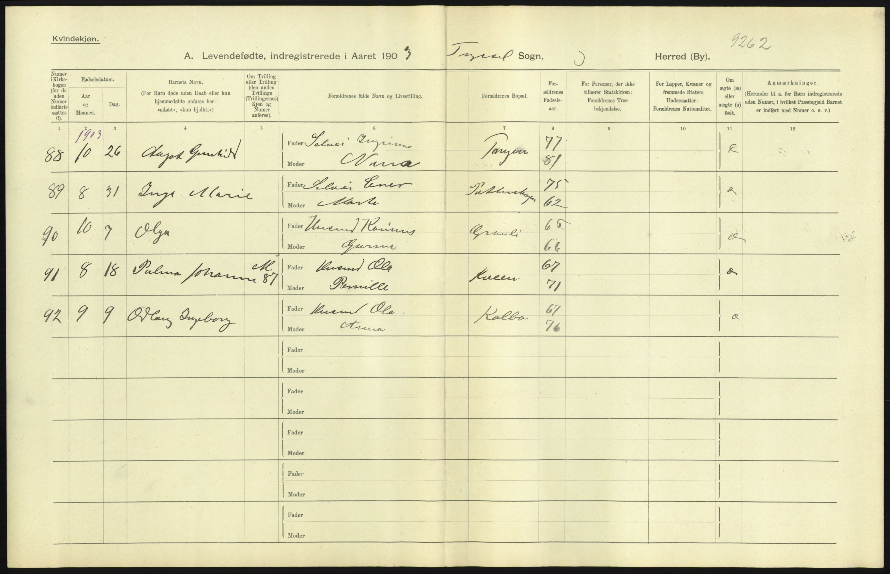 Statistisk sentralbyrå, Sosiodemografiske emner, Befolkning, AV/RA-S-2228/D/Df/Dfa/Dfaa/L0005: Hedemarkens amt: Fødte, gifte, døde, 1903, s. 5