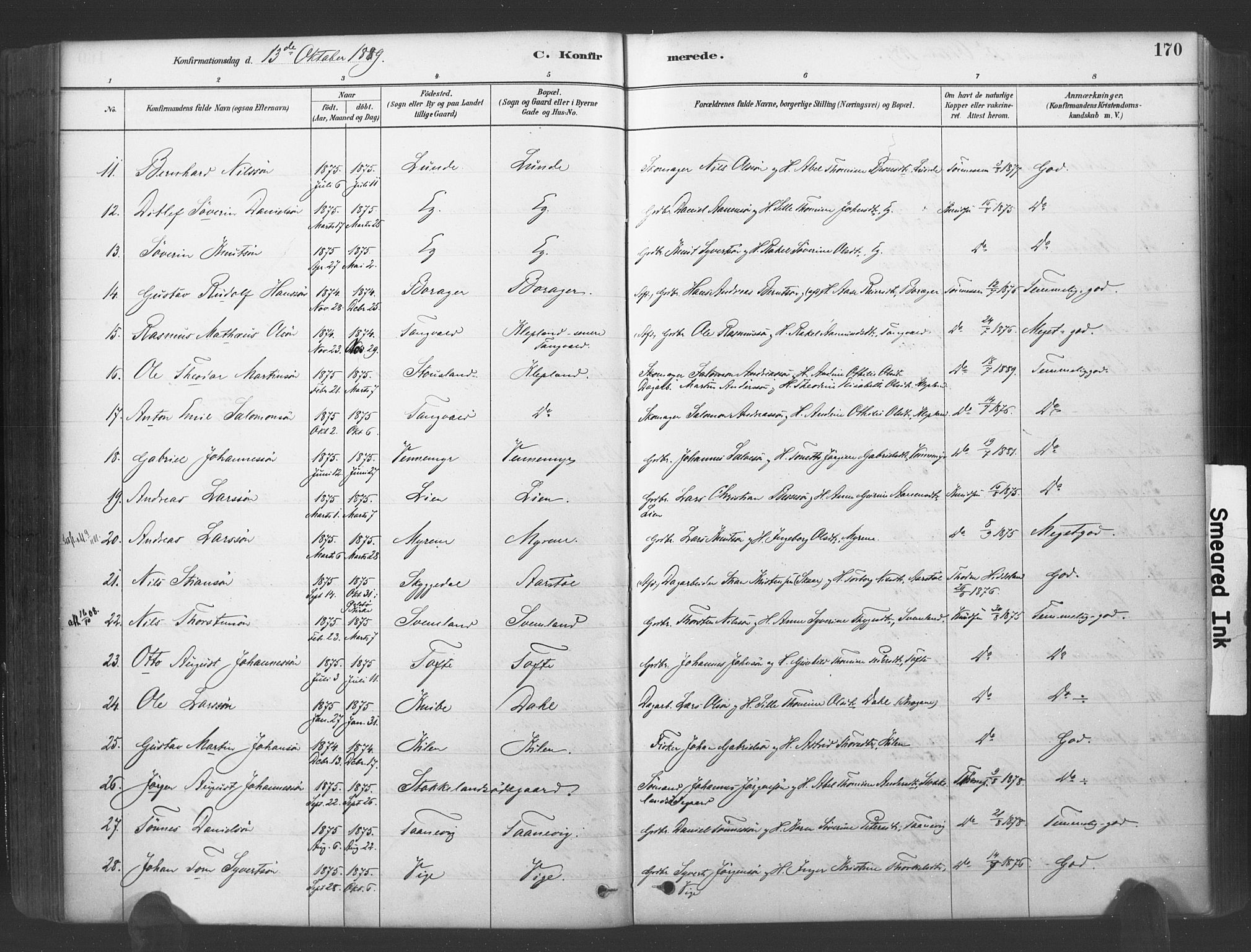 Søgne sokneprestkontor, AV/SAK-1111-0037/F/Fa/Fab/L0012: Ministerialbok nr. A 12, 1880-1891, s. 170