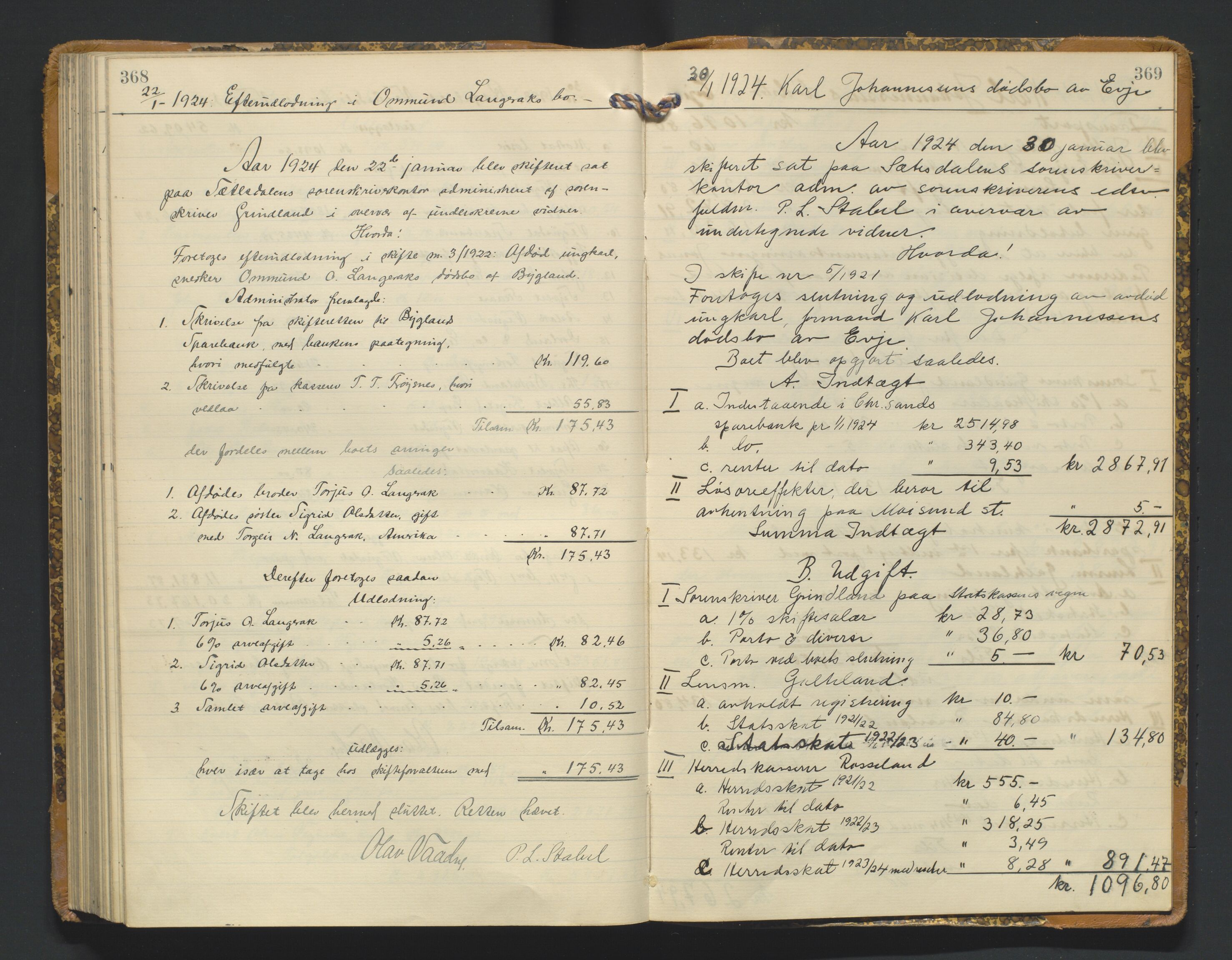 Setesdal sorenskriveri, AV/SAK-1221-0011/H/Hc/L0050: Skifteutlodningsprotokoll nr 4, med register, 1914-1924, s. 368-369