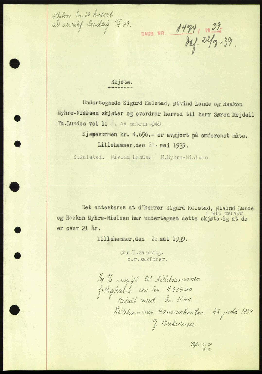 Sør-Gudbrandsdal tingrett, SAH/TING-004/H/Hb/Hbd/L0006: Pantebok nr. A6, 1939-1939, Dagboknr: 1474/1939
