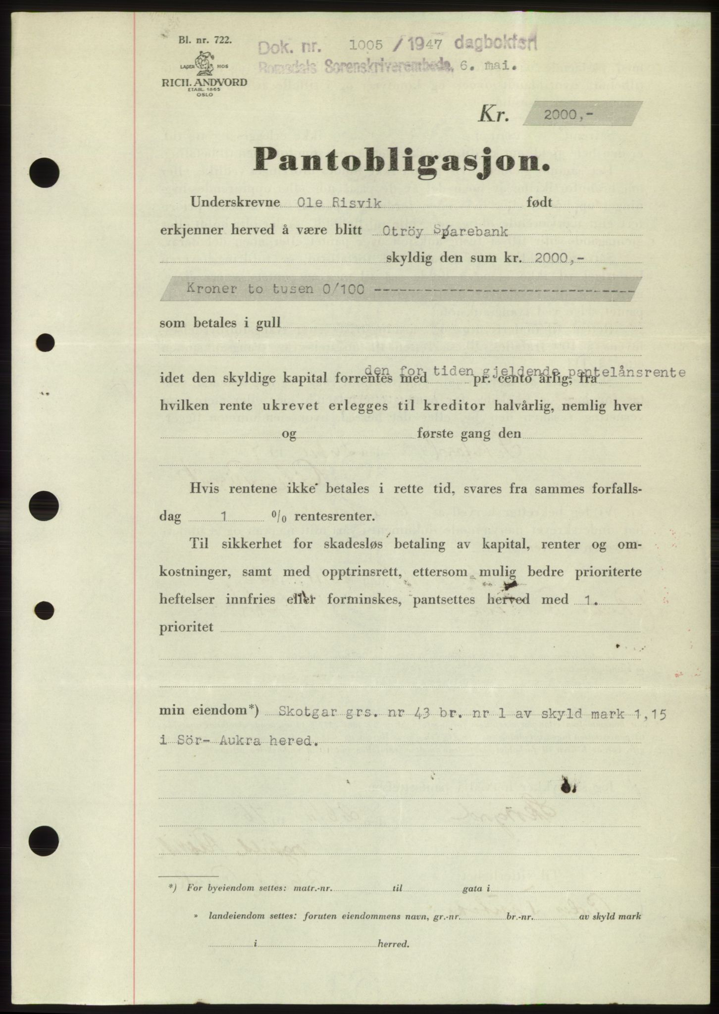Romsdal sorenskriveri, SAT/A-4149/1/2/2C: Pantebok nr. B3, 1946-1948, Dagboknr: 1005/1947