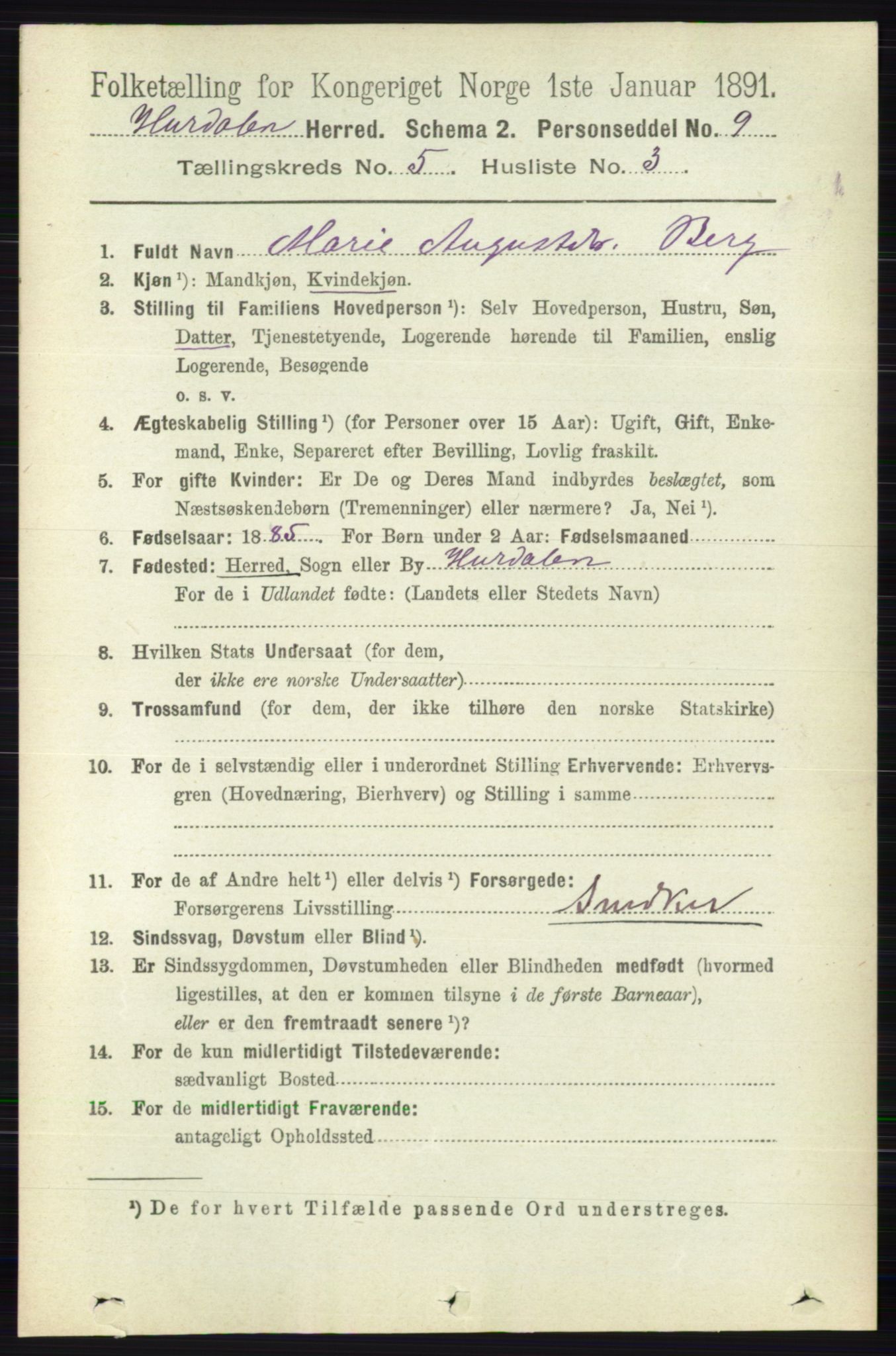 RA, Folketelling 1891 for 0239 Hurdal herred, 1891, s. 2036