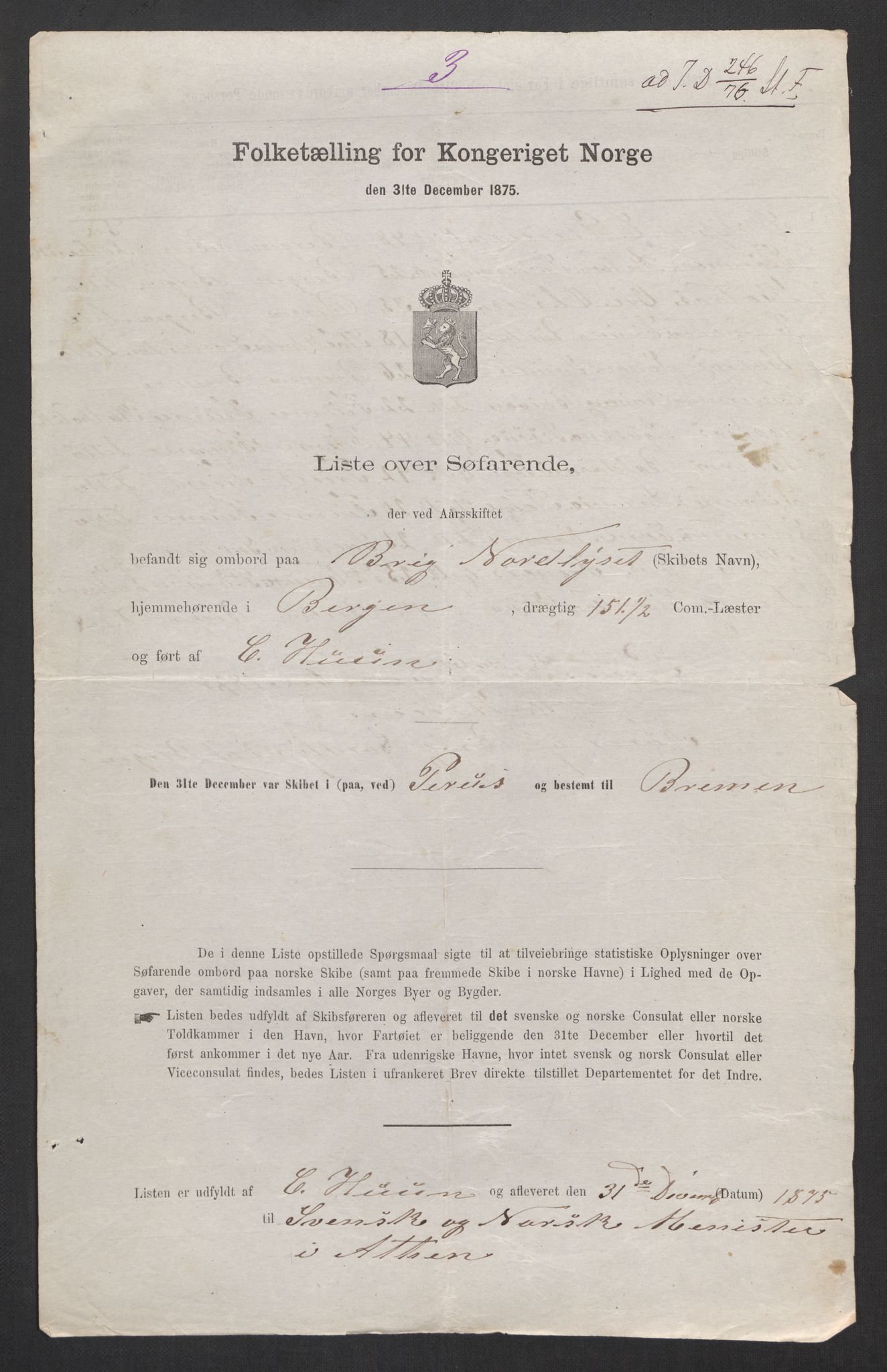 RA, Folketelling 1875, skipslister: Skip i utenrikske havner, hjemmehørende i 1) byer og ladesteder, Grimstad - Tromsø, 2) landdistrikter, 1875, s. 819