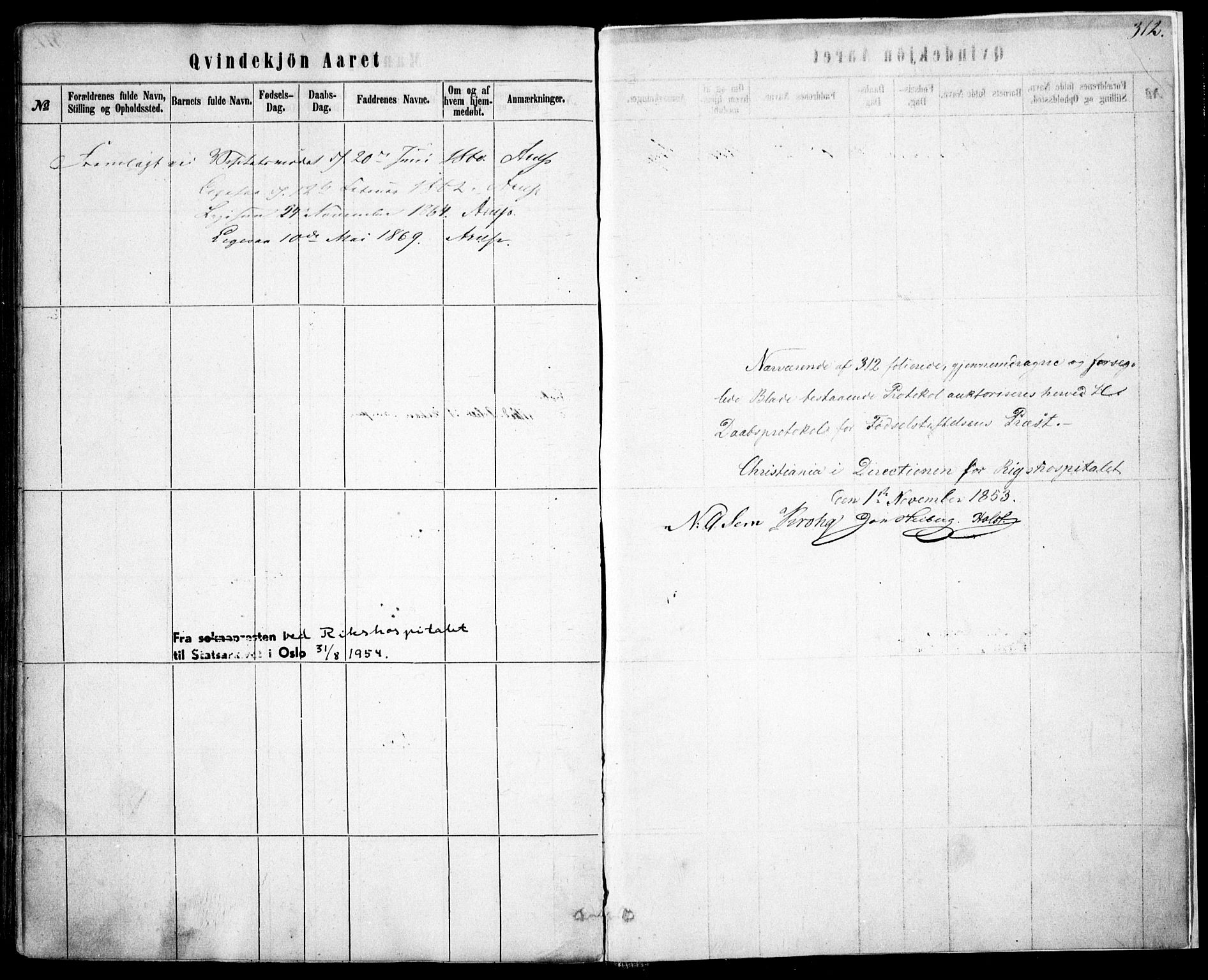 Rikshospitalet prestekontor Kirkebøker, AV/SAO-A-10309b/F/L0004: Ministerialbok nr. 4, 1853-1870, s. 312