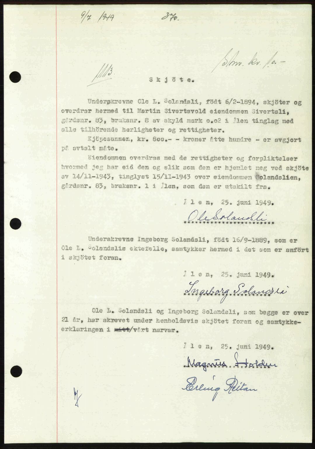 Gauldal sorenskriveri, SAT/A-0014/1/2/2C: Pantebok nr. A8, 1949-1949, Dagboknr: 1113/1949