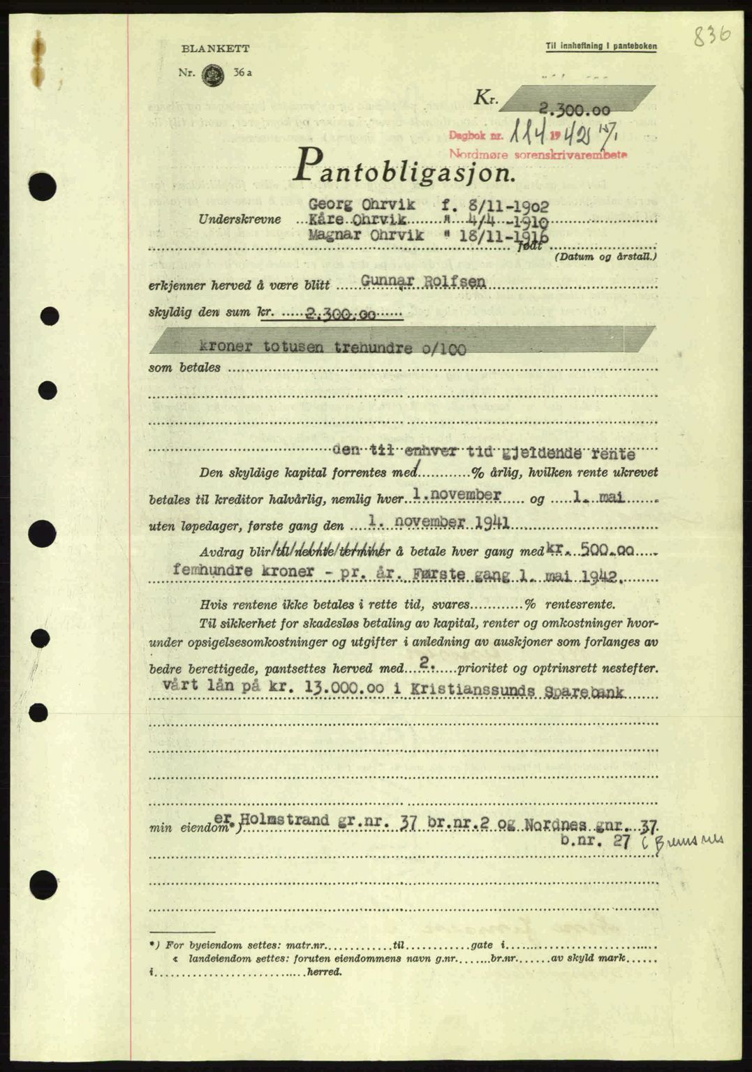 Nordmøre sorenskriveri, SAT/A-4132/1/2/2Ca: Pantebok nr. B88, 1941-1942, Dagboknr: 114/1942