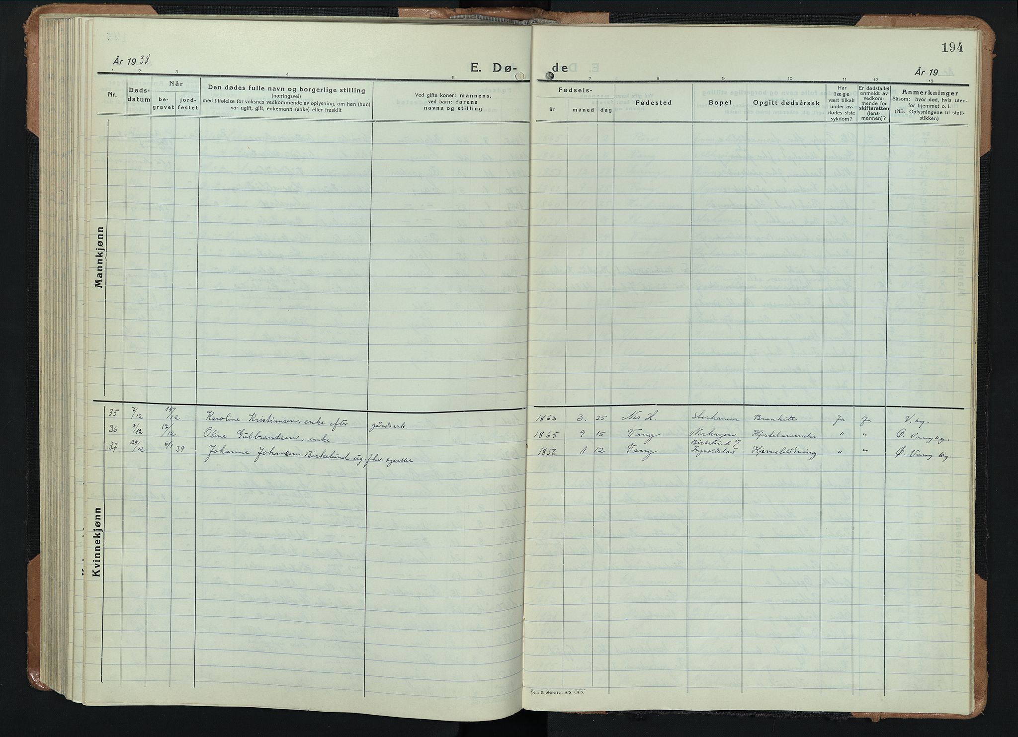 Vang prestekontor, Hedmark, AV/SAH-PREST-008/H/Ha/Hab/L0016: Klokkerbok nr. 16, 1933-1945, s. 194