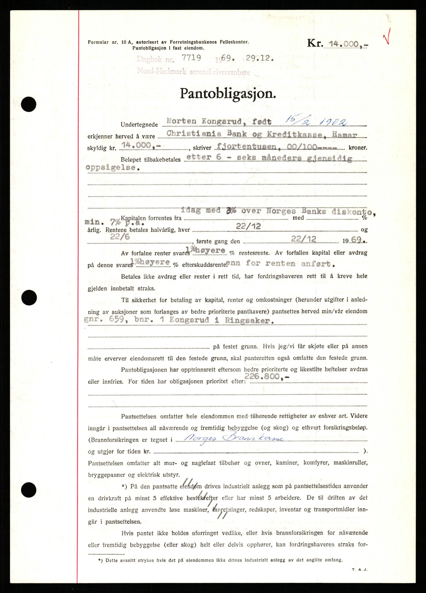 Nord-Hedmark sorenskriveri, SAH/TING-012/H/Hb/Hbf/L0082: Pantebok nr. B82, 1969-1969, Dagboknr: 7719/1969