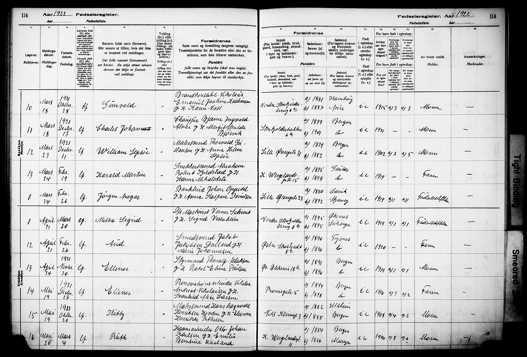 Korskirken sokneprestembete, AV/SAB-A-76101/I/Id/L00A1: Fødselsregister nr. A 1, 1916-1929, s. 114