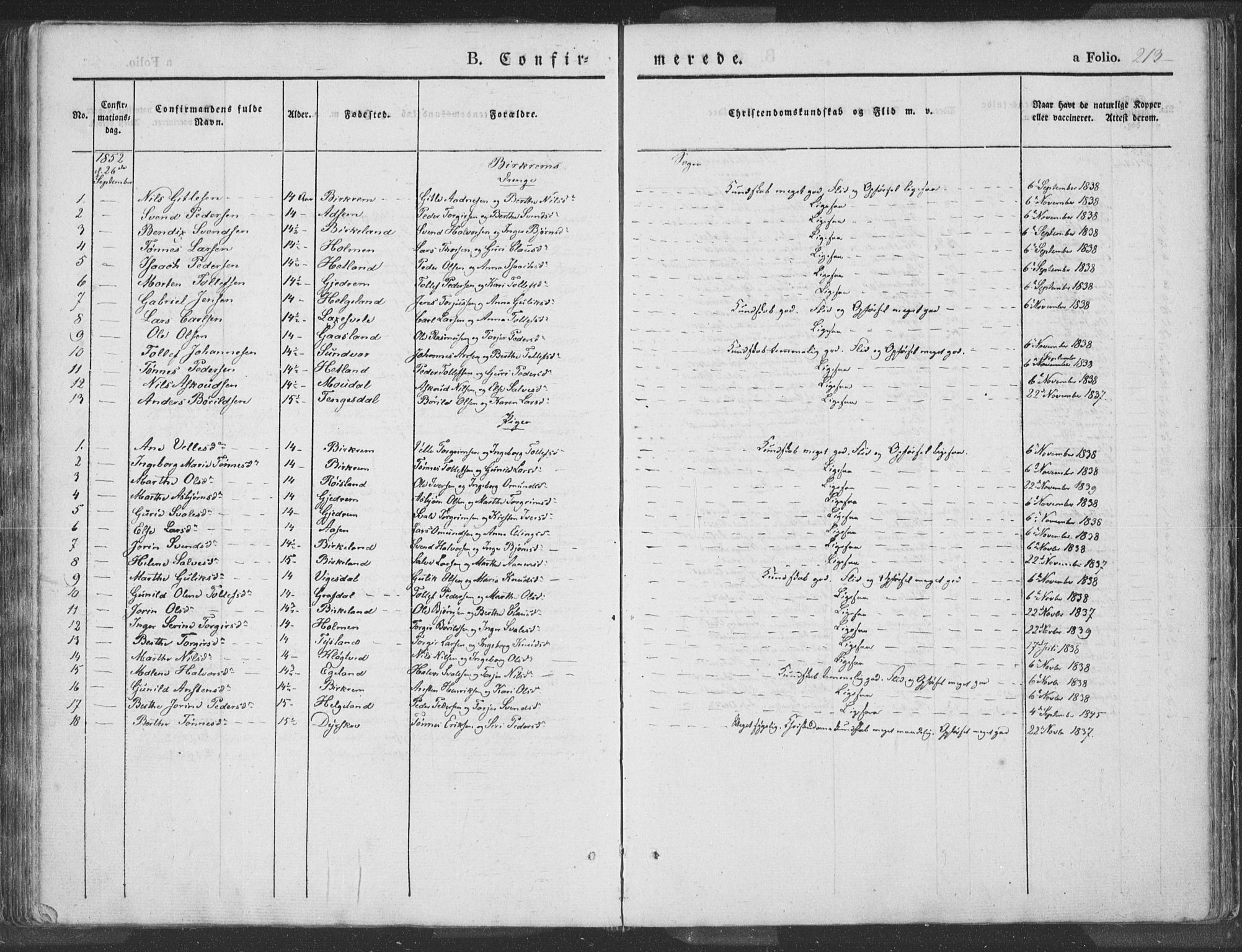 Helleland sokneprestkontor, SAST/A-101810: Ministerialbok nr. A 6.1, 1834-1863, s. 213