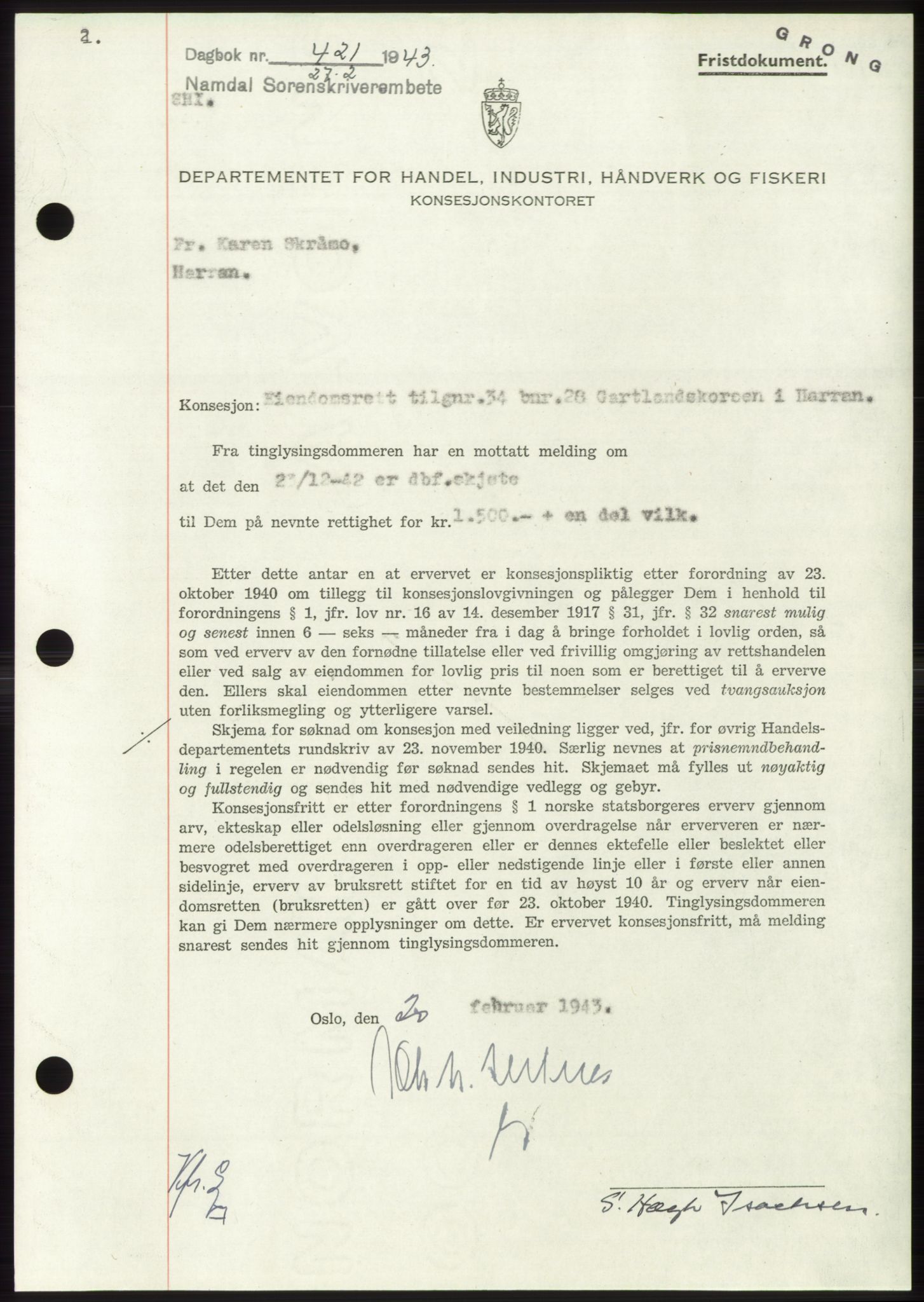 Namdal sorenskriveri, SAT/A-4133/1/2/2C: Pantebok nr. -, 1942-1943, Dagboknr: 421/1943