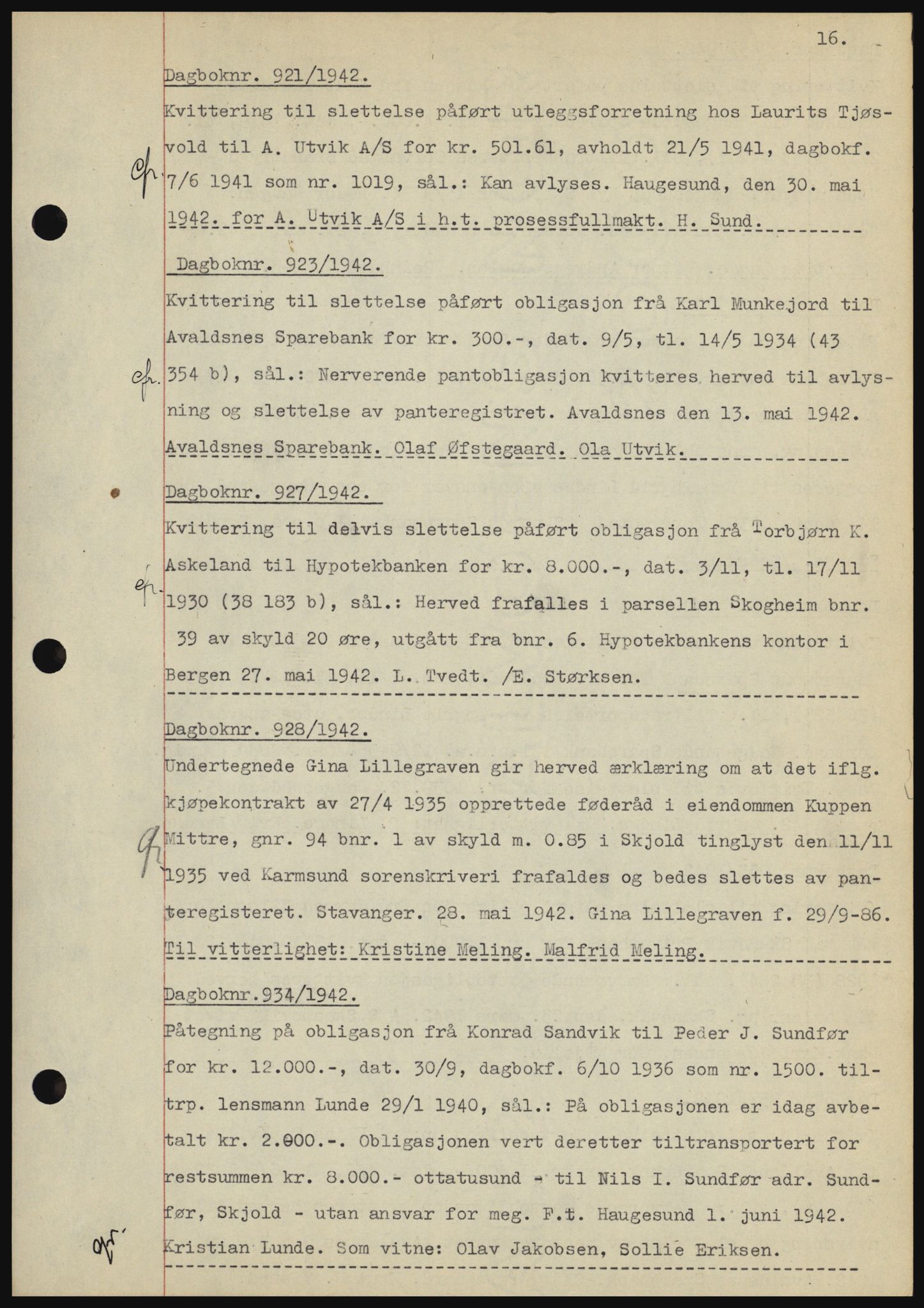Karmsund sorenskriveri, SAST/A-100311/01/II/IIBBE/L0008: Pantebok nr. B 54, 1942-1943, Dagboknr: 921/1942