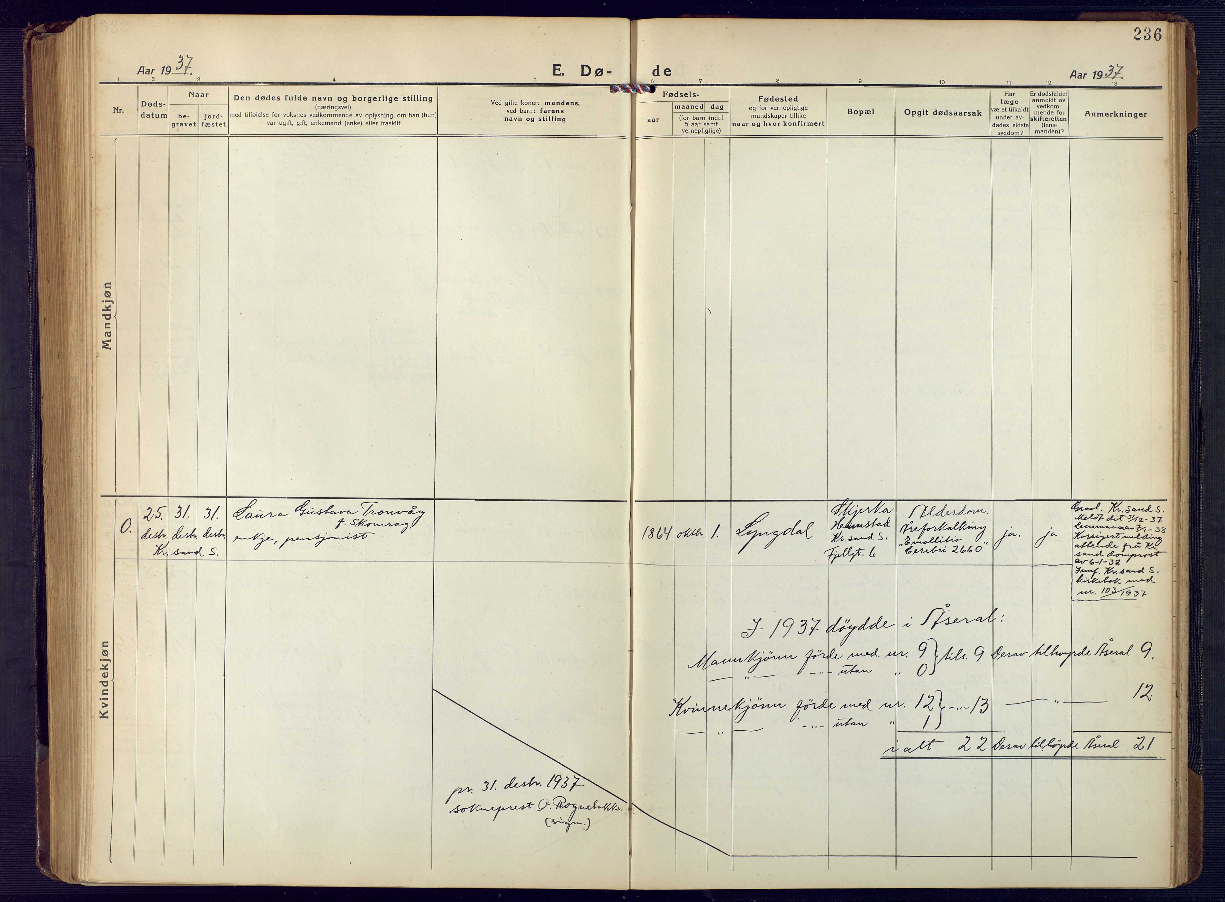 Åseral sokneprestkontor, AV/SAK-1111-0051/F/Fb/L0004: Klokkerbok nr. B 4, 1920-1946, s. 236