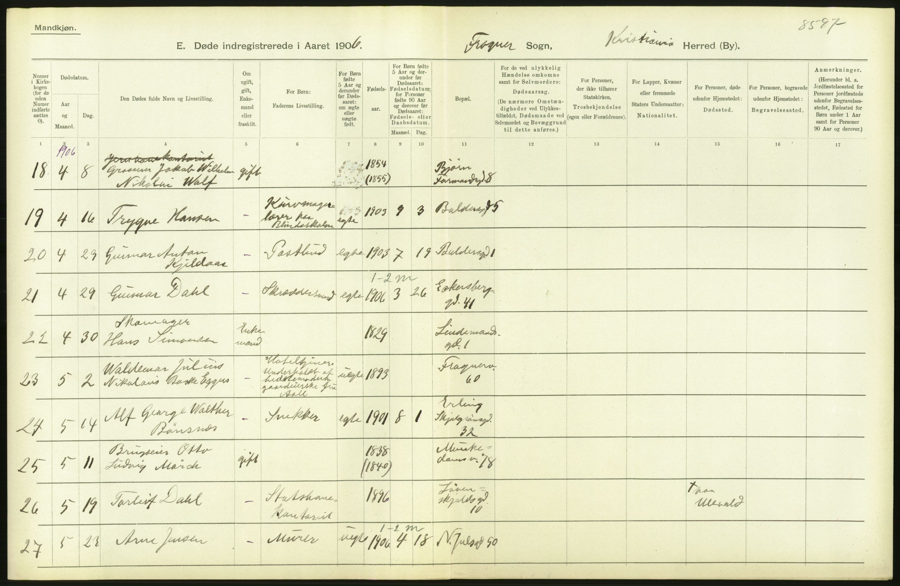 Statistisk sentralbyrå, Sosiodemografiske emner, Befolkning, AV/RA-S-2228/D/Df/Dfa/Dfad/L0009: Kristiania: Døde, 1906, s. 474