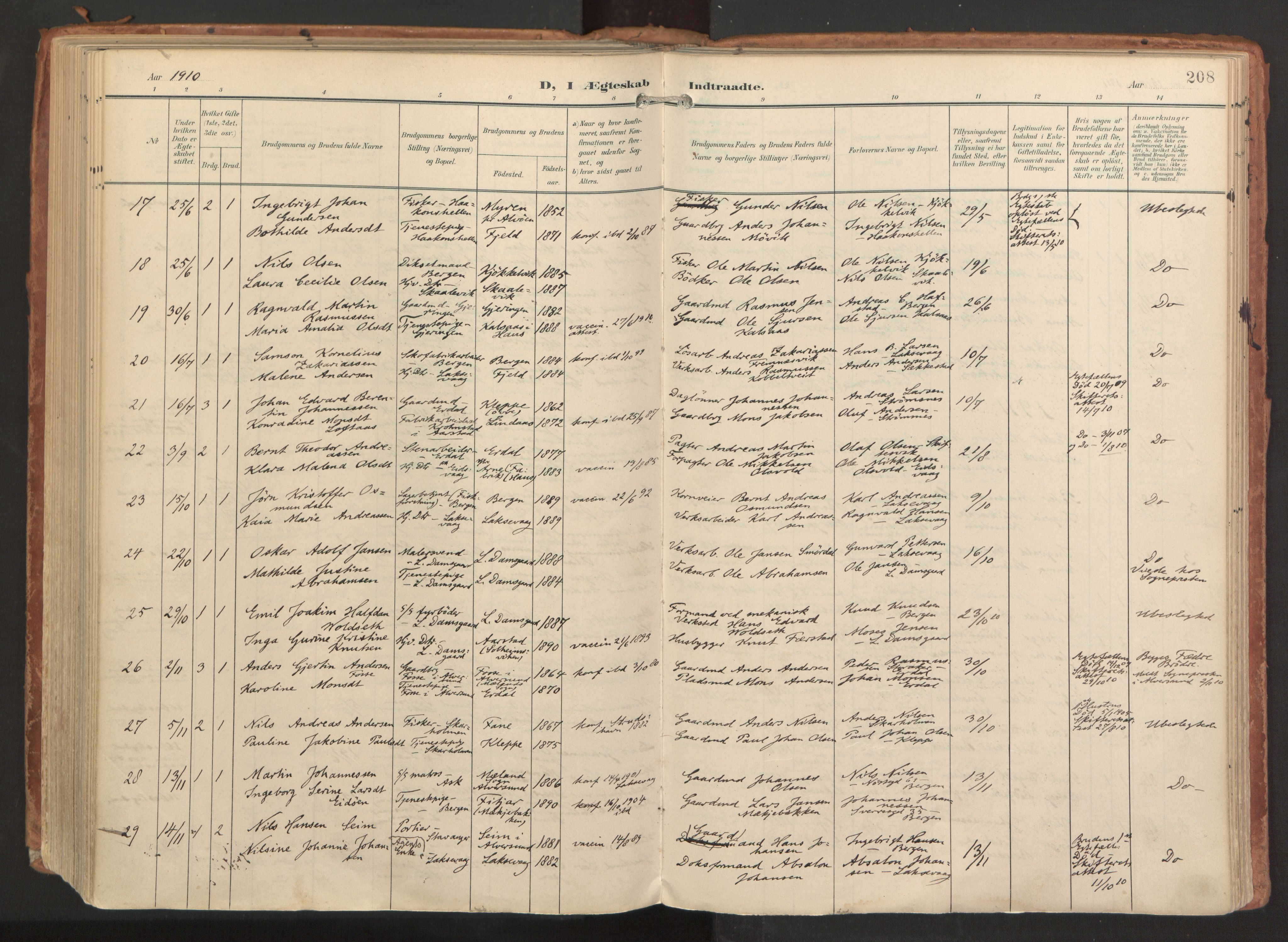 Laksevåg Sokneprestembete, AV/SAB-A-76501/H/Ha/Haa/Haaa/L0001: Ministerialbok nr. A 1, 1903-1917, s. 208