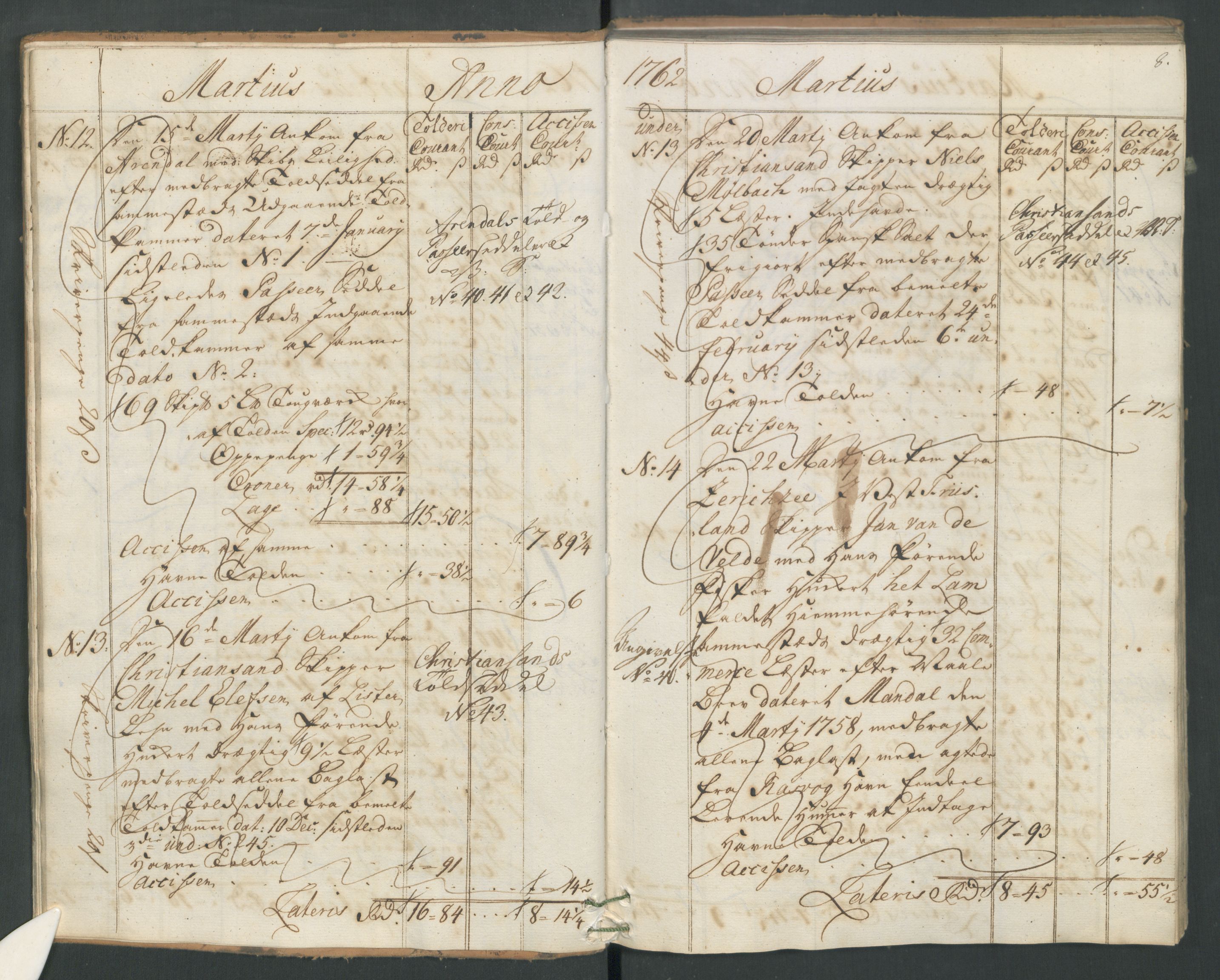 Generaltollkammeret, tollregnskaper, AV/RA-EA-5490/R19/L0021a/0001: Tollregnskaper Flekkefjord / Inngående hovedtollbok, 1762, s. 7b-8a