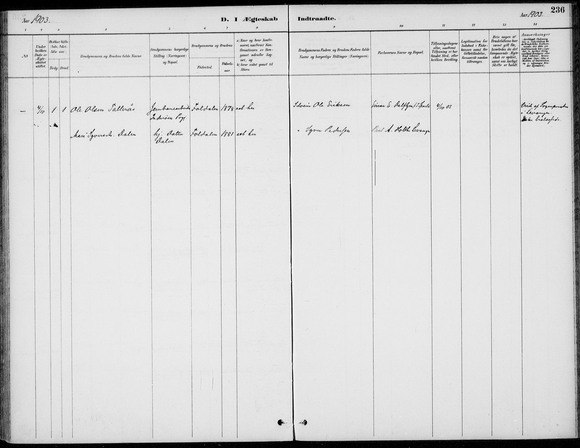Alvdal prestekontor, SAH/PREST-060/H/Ha/Haa/L0003: Ministerialbok nr. 3, 1886-1912, s. 236