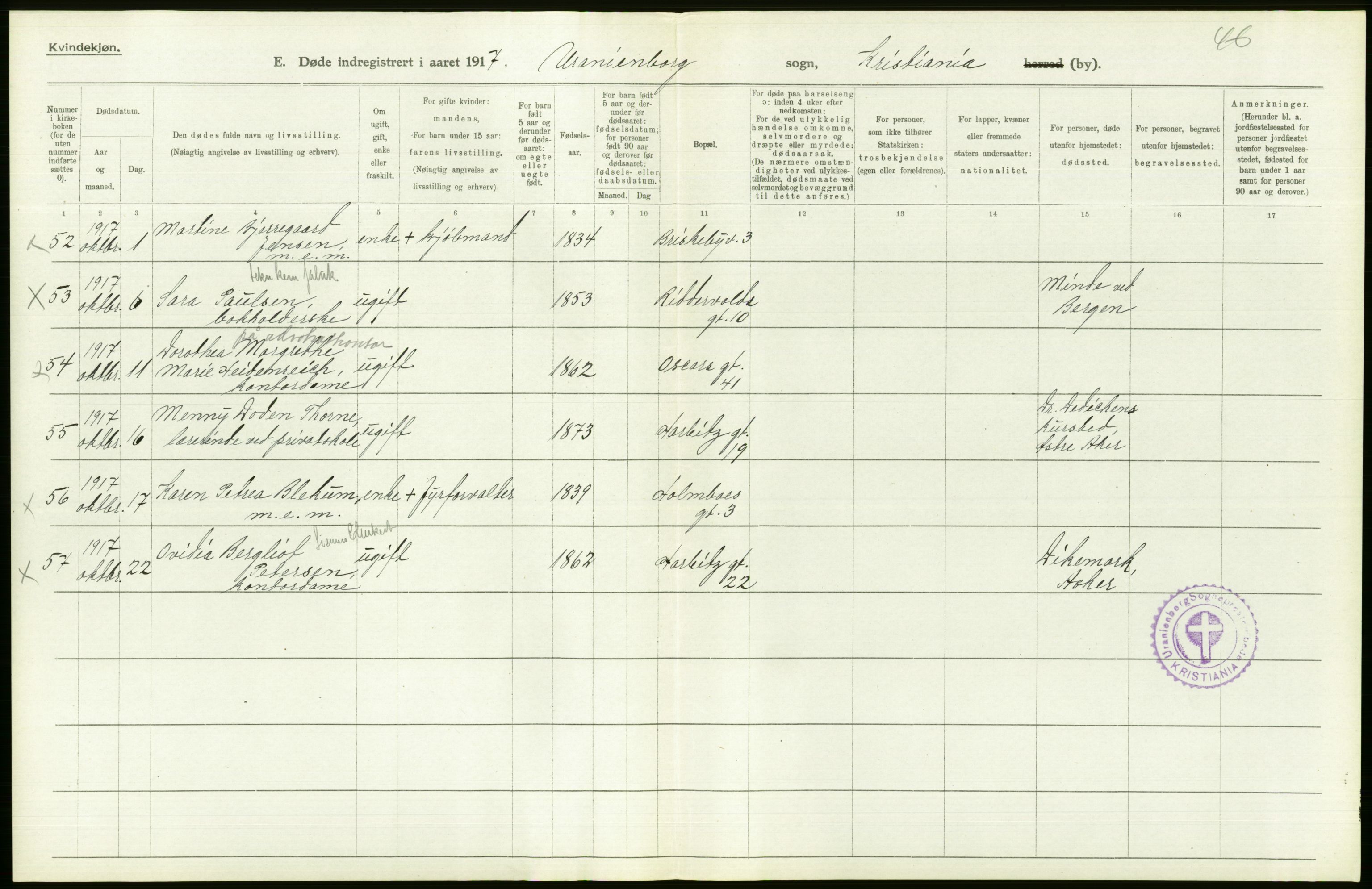 Statistisk sentralbyrå, Sosiodemografiske emner, Befolkning, AV/RA-S-2228/D/Df/Dfb/Dfbg/L0010: Kristiania: Døde, 1917, s. 284